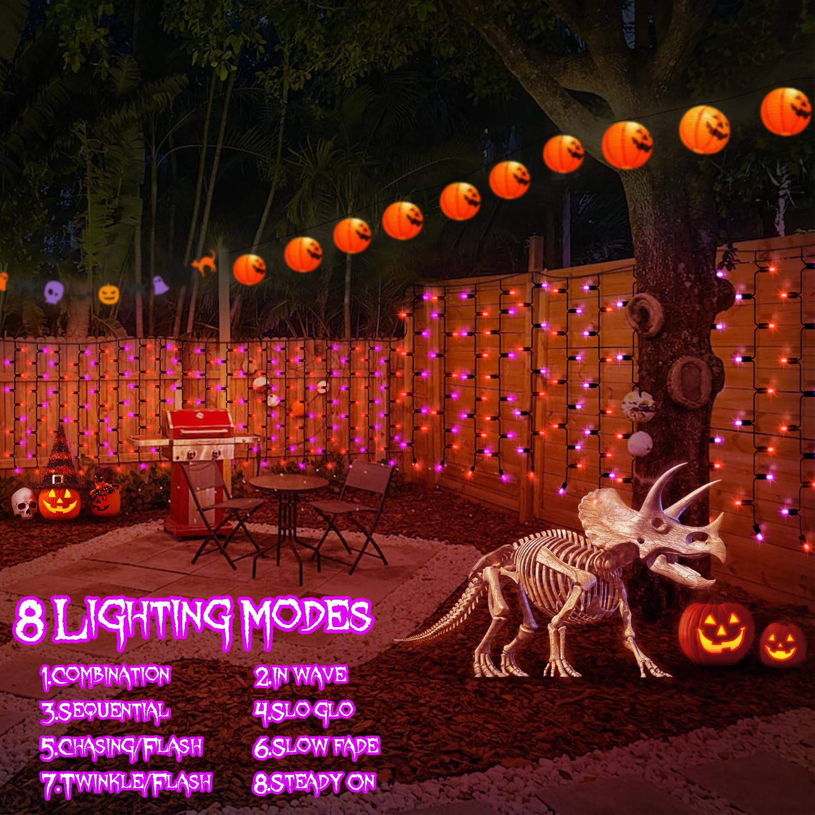Dbfairy Purple Orange Solar Halloween Curtain Lights 300 Led 19.6Ft X 3.3Ft Waterproof 8 Modes For Outdoor Decoration