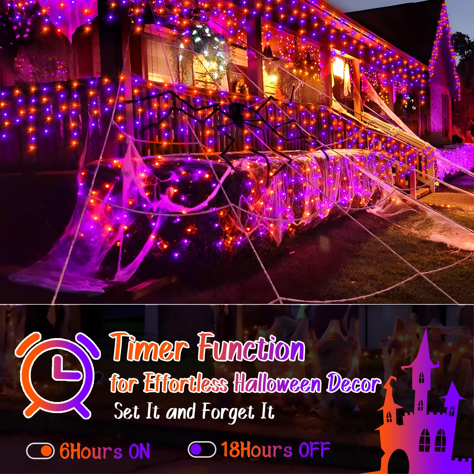 Knonew Christmas Lights Outdoor 1216 Led 99Ft Curtain Fairy String Light, 8 Modes, Clear Wire, Orange & Purple For Indoor/Outdoor Decor