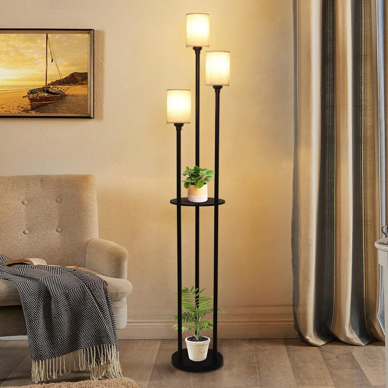 Stepeak Floor Lamp With Shelves, Modern Floor Lamps For Living Room, 3-Lights Standing Lamp With Linen Shade And Foot Switch, In