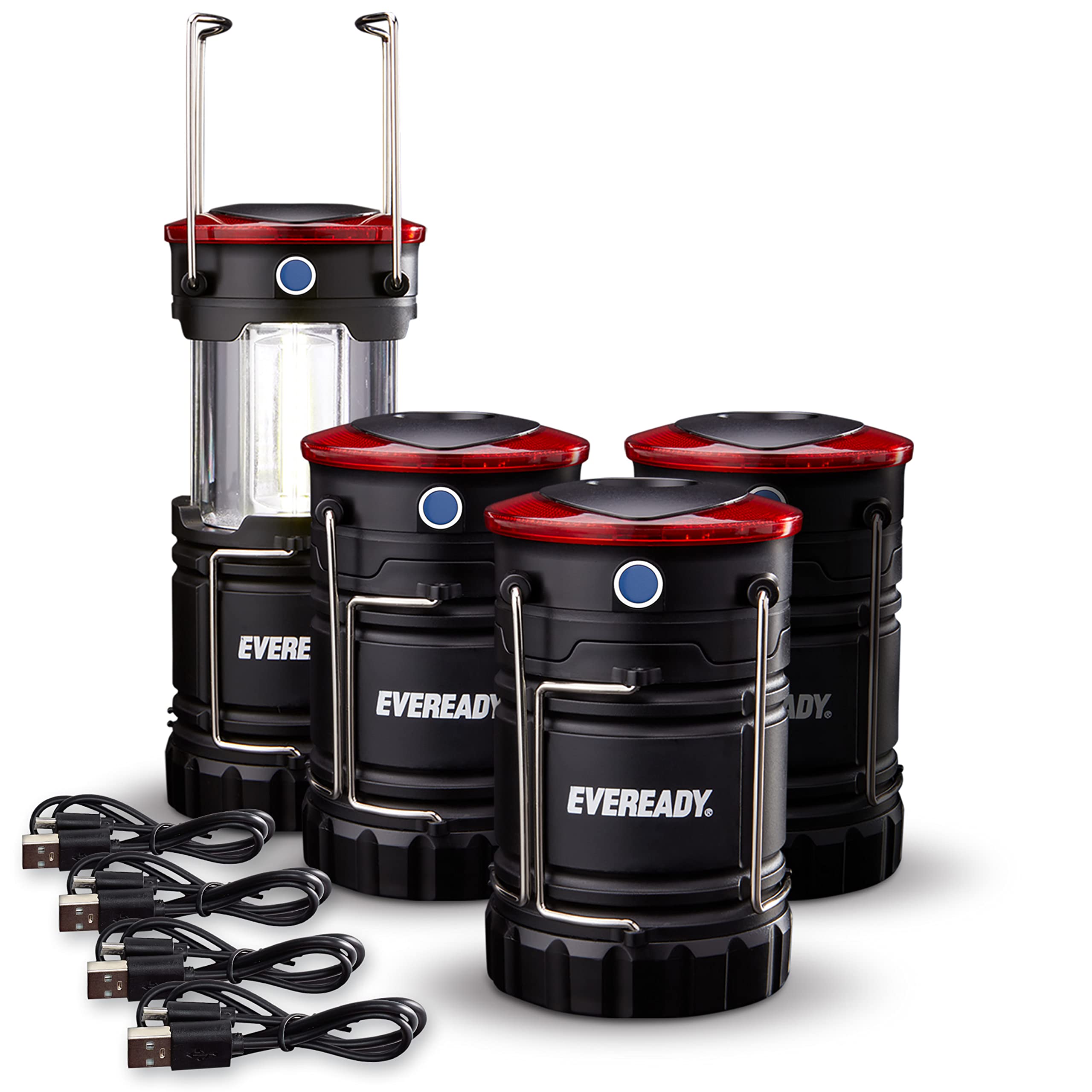 Eveready Led Camping Lanterns 4-Pack, Rechargeable Collapsible Flashlights For Outdoors, Black