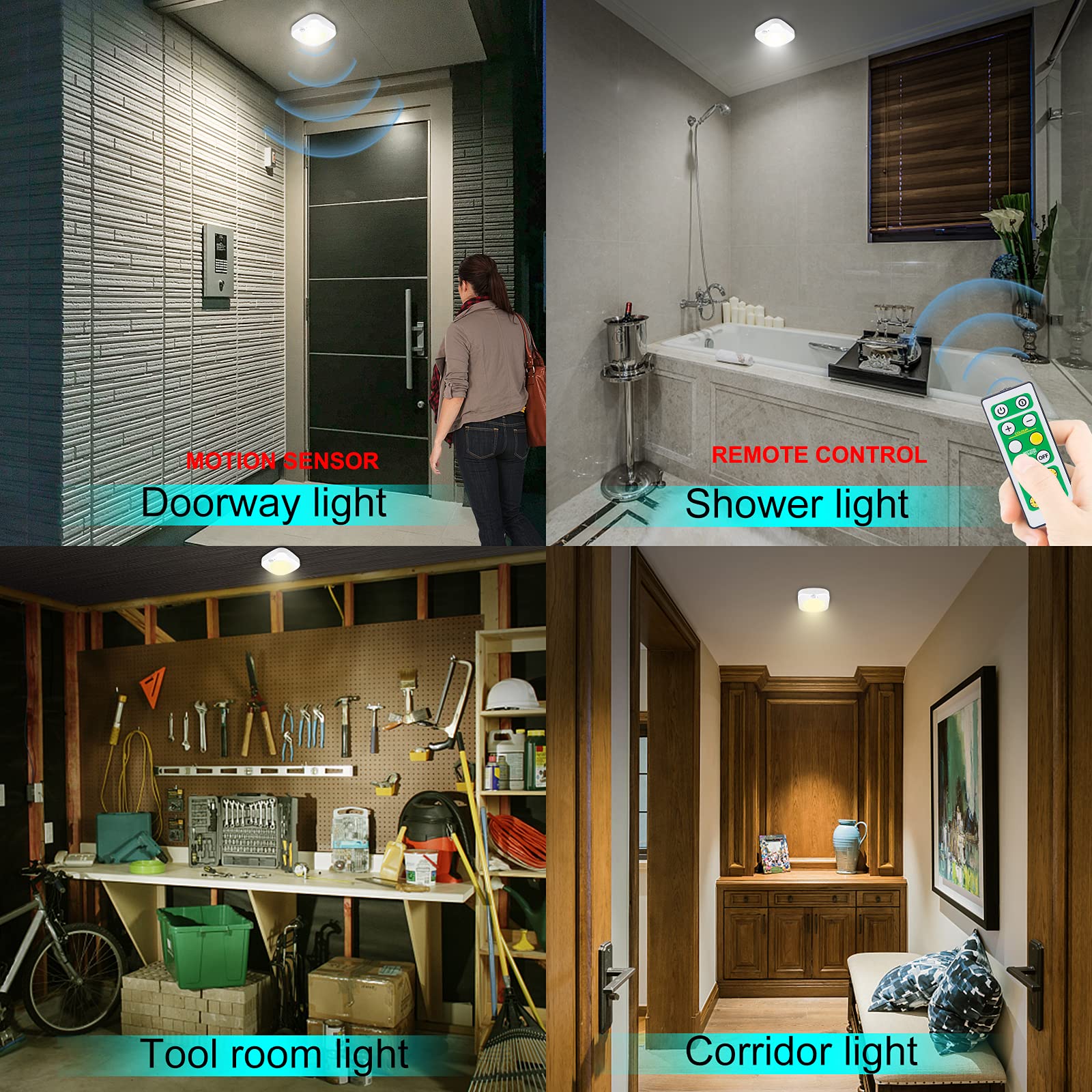 Bigmonat Cordless Shower Light With Remote And Timer, Motion Sensor Ceiling Light, Battery Operated Light For Shower Bedroom Hal