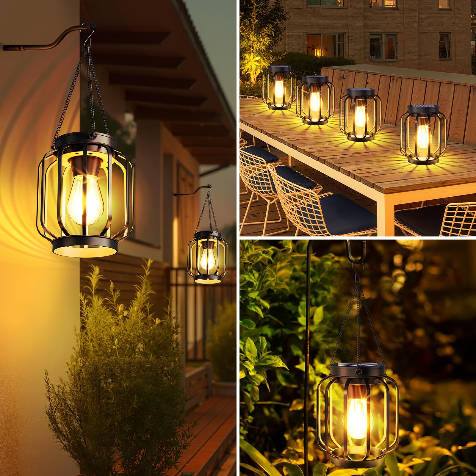 Aounq Solar Lanterns Outdoor Waterproof 4 Pack  14.37 Metal Hanging Solar Lights For Outside With Auto On/Off & Hook - Brighter Hanging Outdoor Lanterns Decorative Lighting For Garden Patio Yard