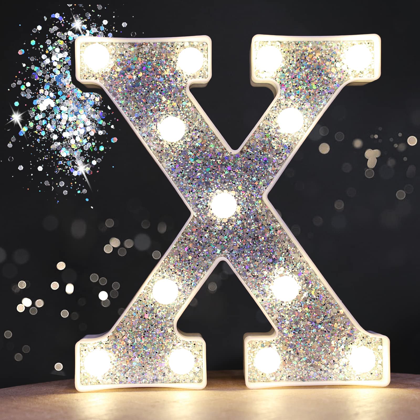 Pooqla LED Marquee Letter Light Sign, Battery Powered, Sequin Silver, Alphabet X for Parties and Decorations