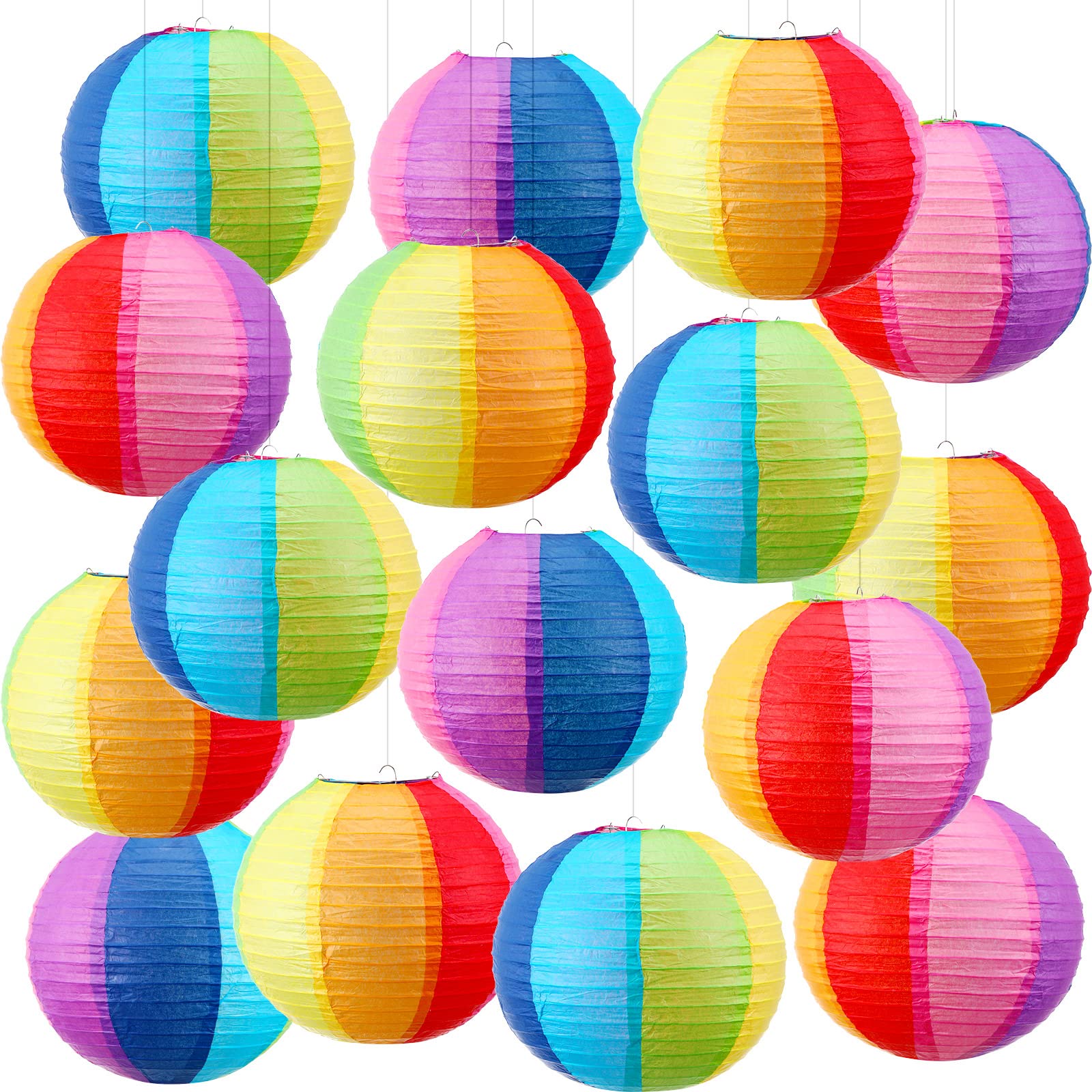 Treela 16 Pcs Rainbow Paper Lanterns 9.8 Inch Beach Ball Paperlanterns , Mexican Fiesta Party Decorations Summer Luau Themed Han