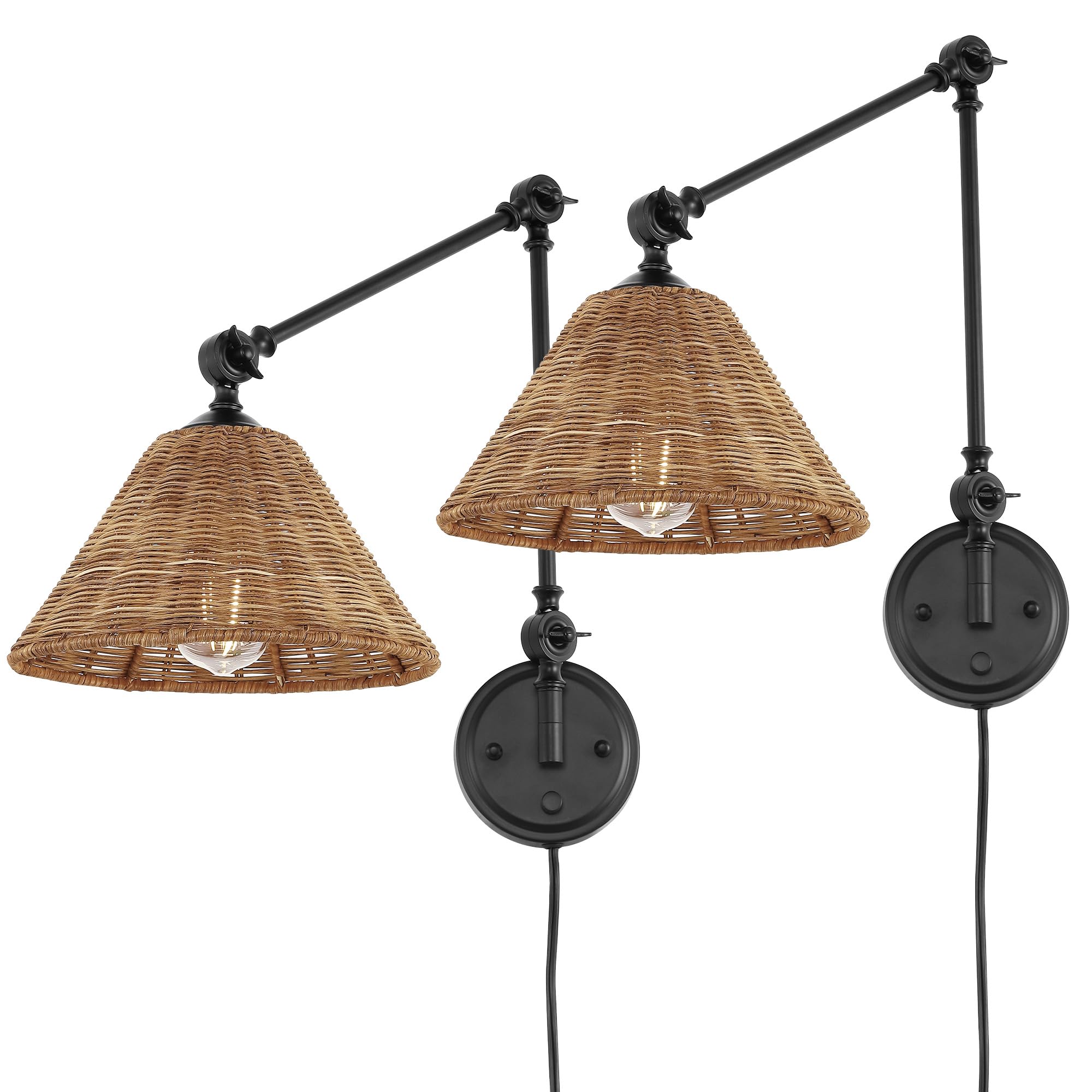 Wingbo Rattan Wall Sconce, Adjustable Swing Arm Light Fixture, Vintage 2 Pack, Black