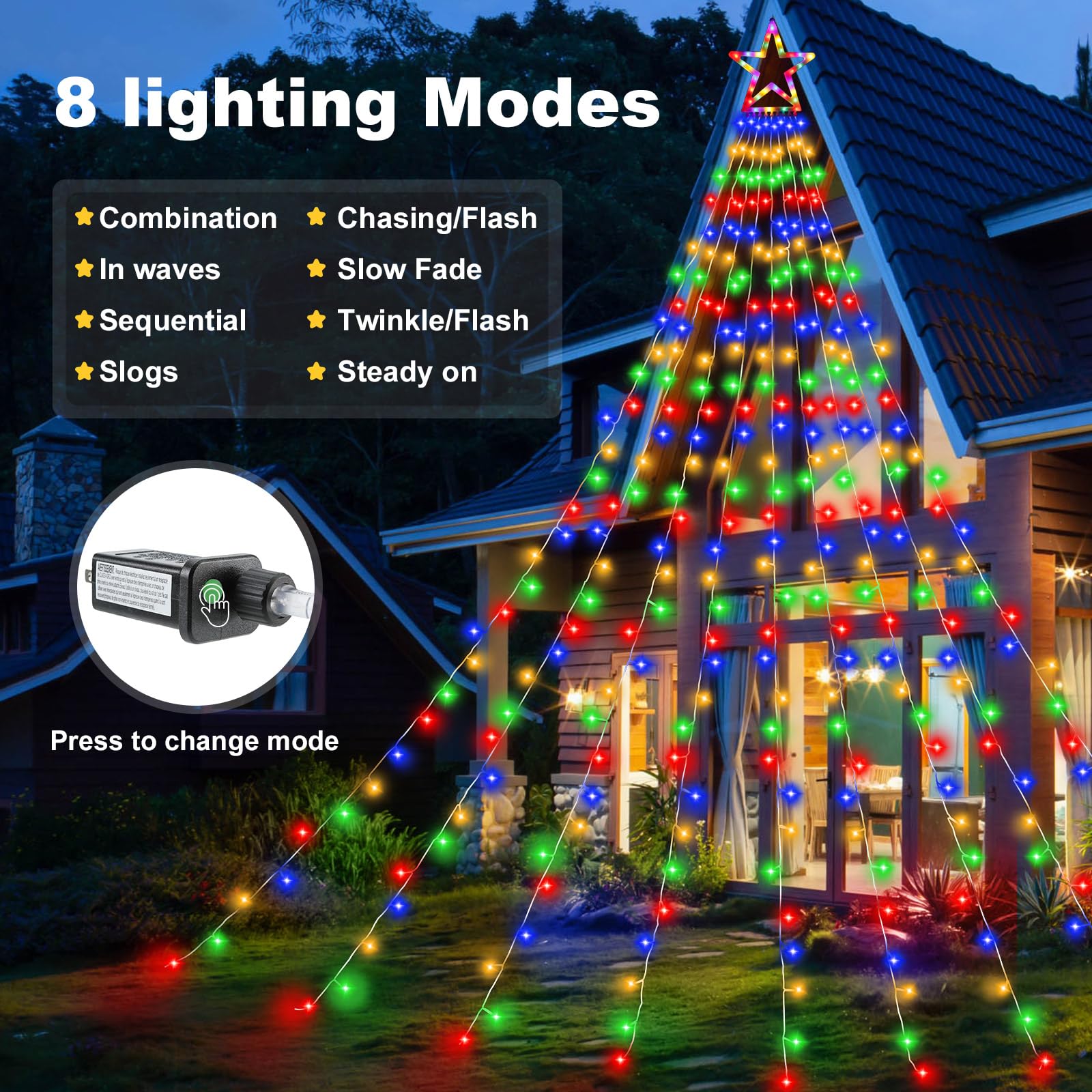 DINGFU 11.5 ft 317 LED Star Christmas Tree Lights, Multicolor, 8 Lighting Modes, Timer, Outdoor Decorations for Yard, Party, Wedding