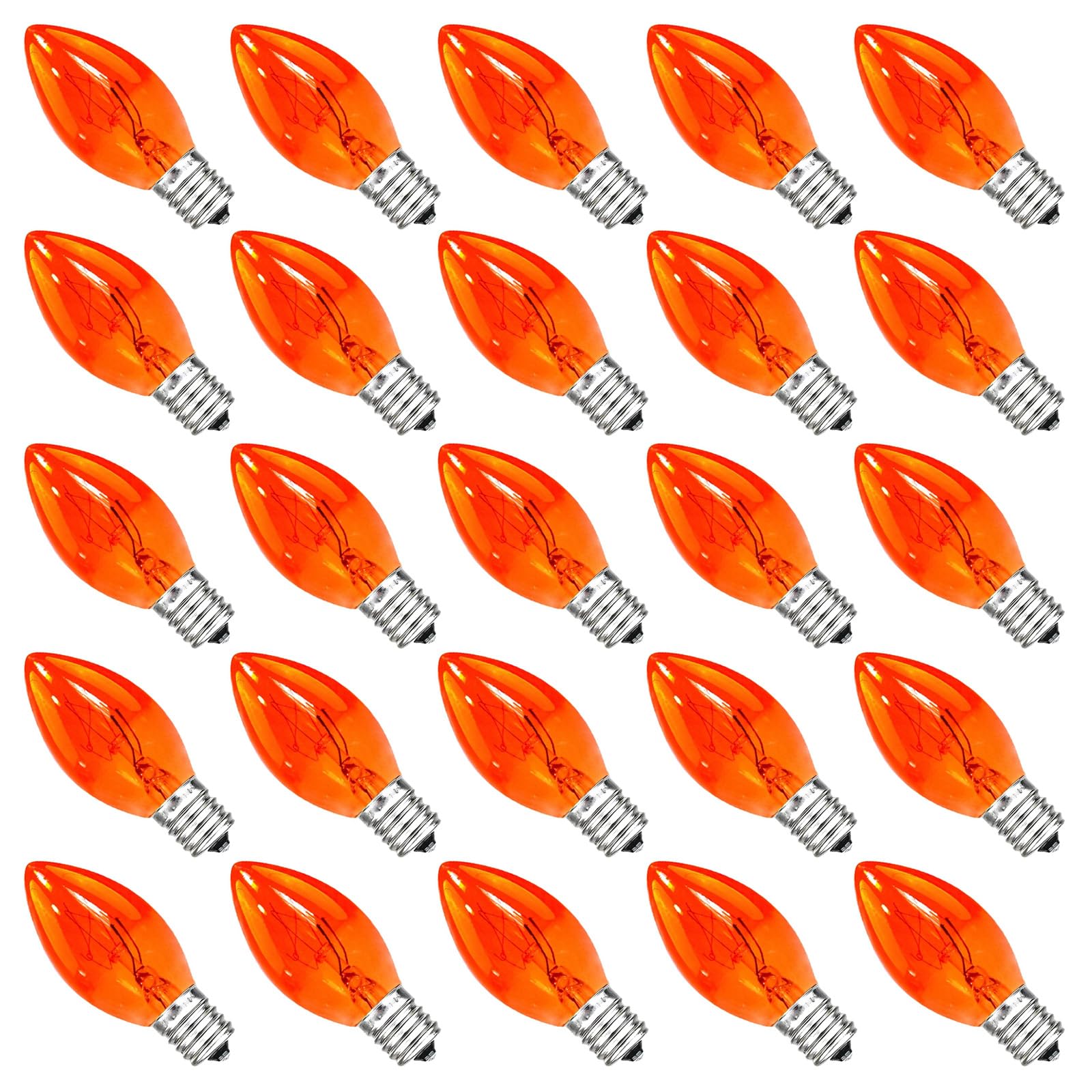 Agaphoton 25 Pack Orange Christmas Replacement Bulbs, C7 Clear Orange Flame Replacement Bulbs For Outdoor String Light, C7/E12 Candelabra Base 5 Watt Great For Christmas Bulbs
