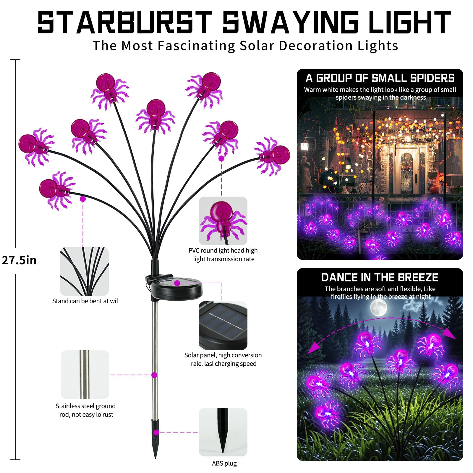 4 Packs Halloween Decorations Outdoor Scary Sloar Spider Lights,32Led Purple Spider Swaying Firefly Lights,Waterproof Solar Halloween Path Lights For Yard/Garden/Lawn/Party Decor(Spider)