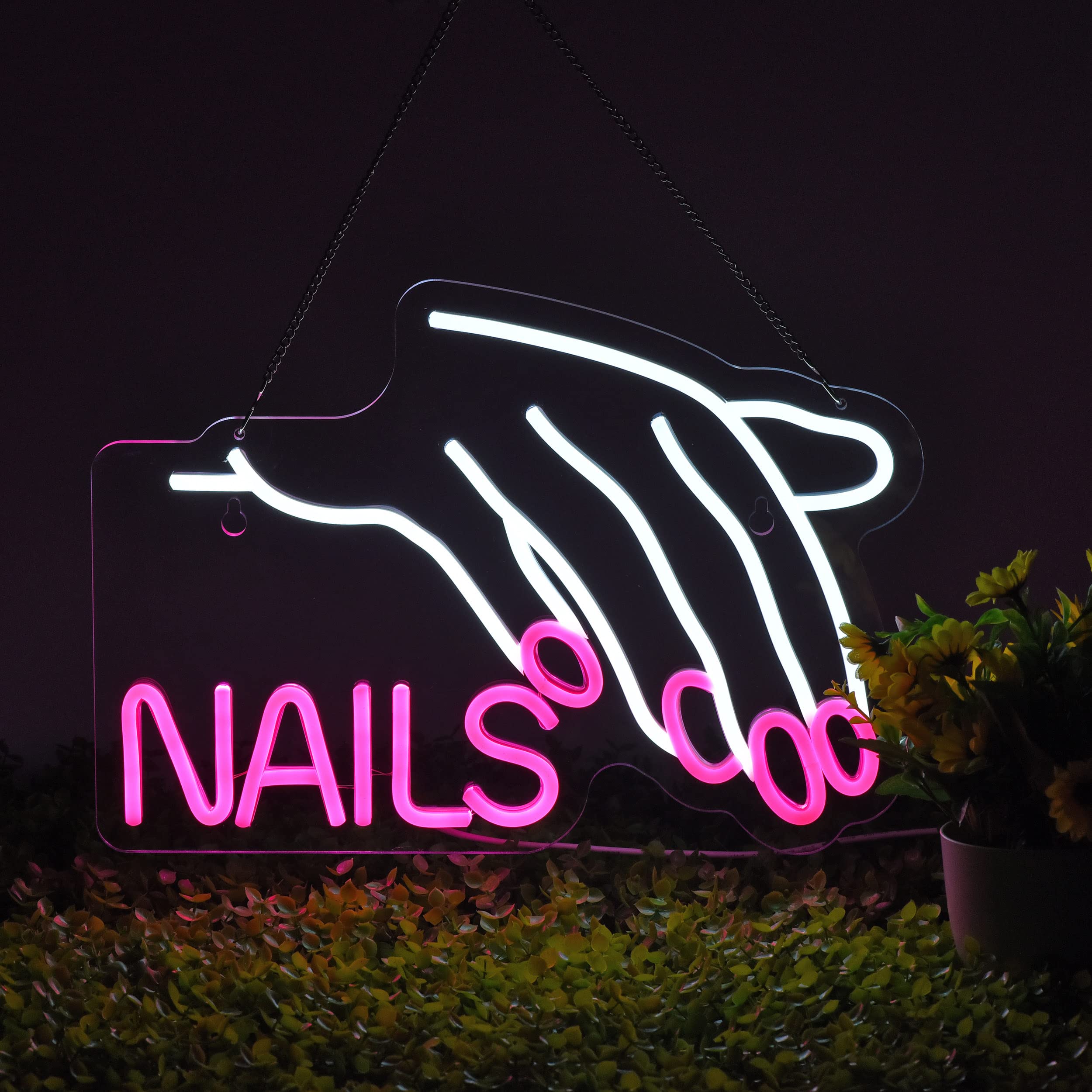 ZODZ Neon Light Sign for Nails Salon, Dimmable, USB Powered, 17x12 inches, White and Pink, Decorative Wall Decor