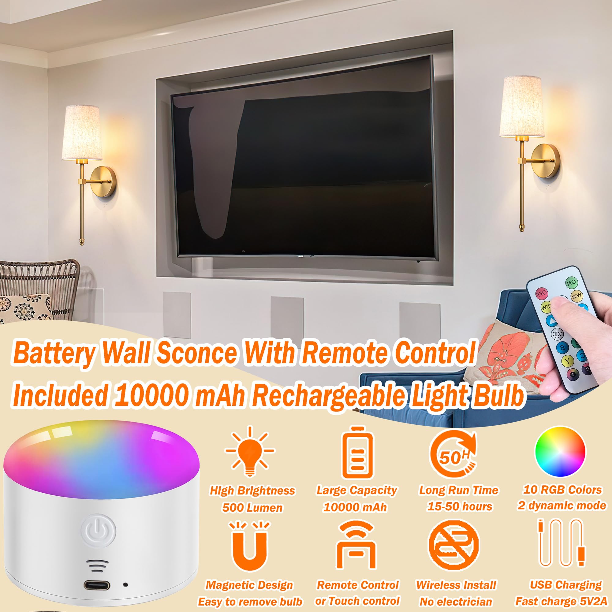 YHCDLAMP Battery Operated Wall Sconce Set of Two with Remote Control, Dimmable, Fabric Linen Shade, Bronze, Model YHCDLAMP