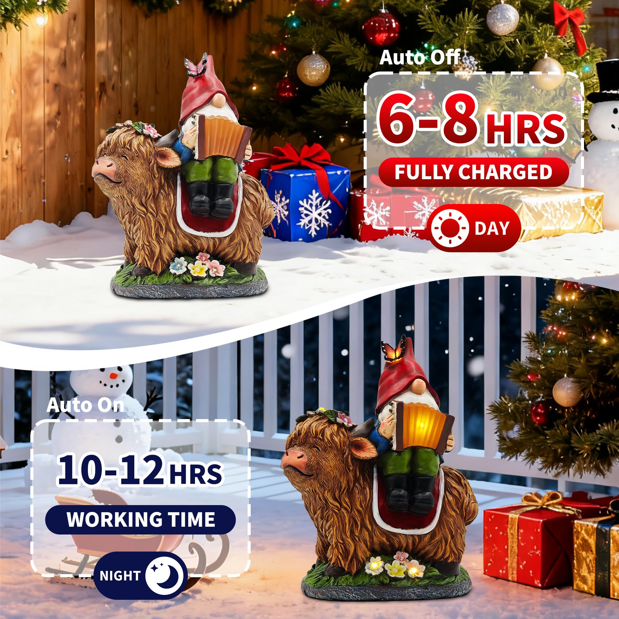 Cffownug Christmas Garden Gnomes Outdoor Statues: 8 Solar Light Gnome Decor On Highland Cow Play The Accordion Unique Birthday Gifts For Women Mother Grandma
