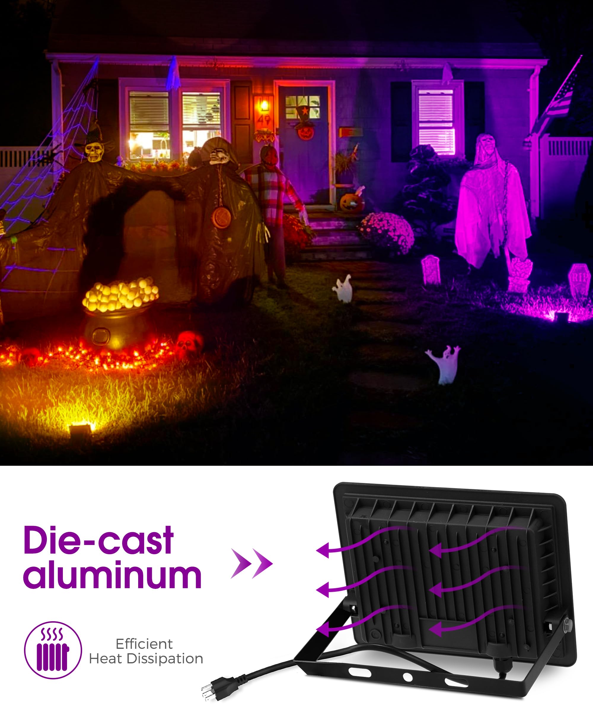 L LOHAS LED Purple Halloween Flood Light Outdoor, ???????? ????/?????? 50W Plug in Flood Light, IP66 Waterproof Halloween Decora