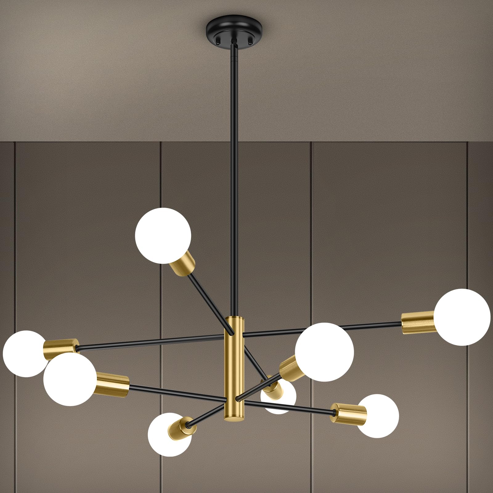 BesLowe 8-Light Modern Sputnik Chandelier, Mid Century Black & Gold Chandeliers Lighting, Farmhouse Ceiling Hanging Light Fixtur