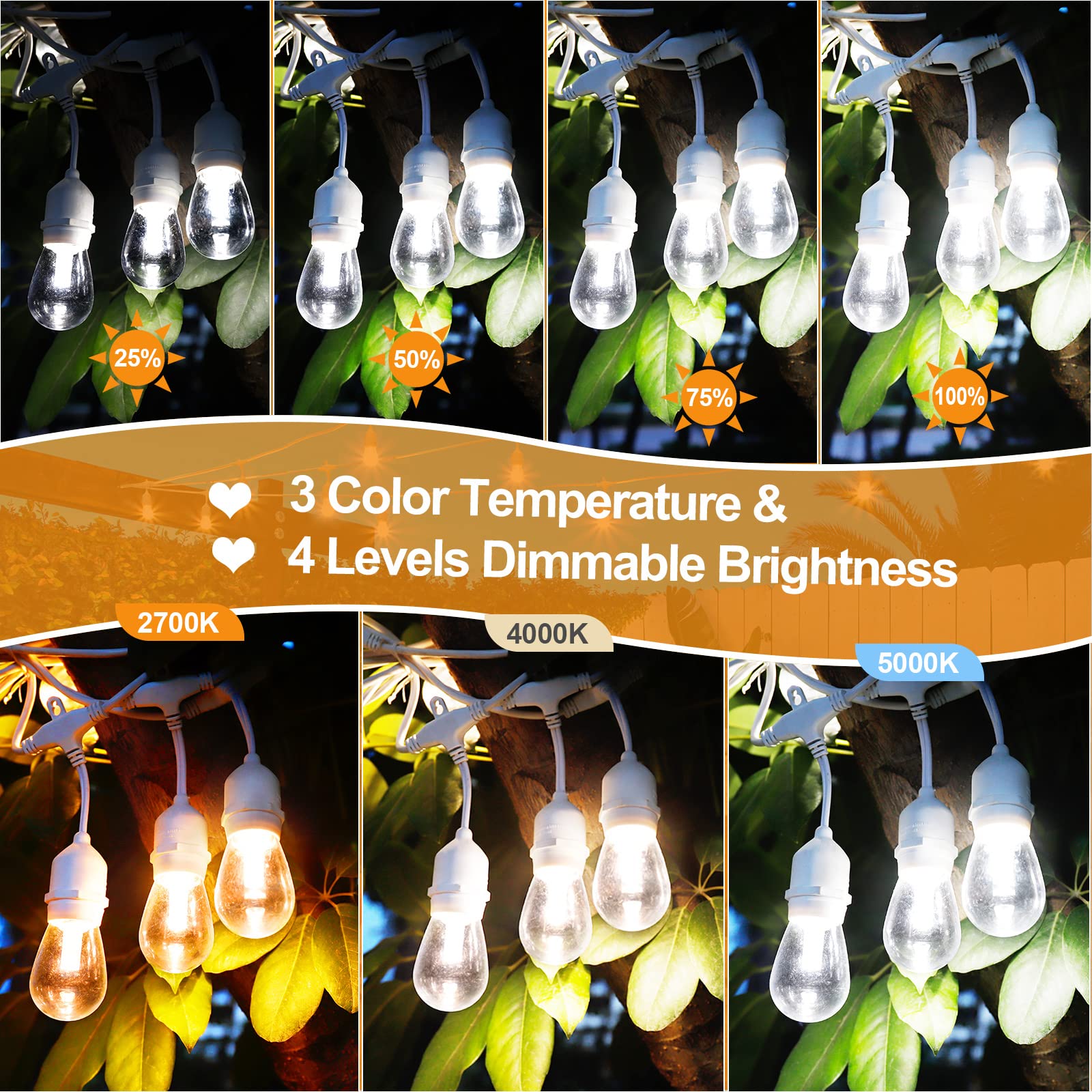 Mlambert 96Ft(2X48Ft) 3-Color In 1 Dimmable Solar String Lights Outdoor, Remote Patio String Lights With 30+5 Led Bulbs For Perg