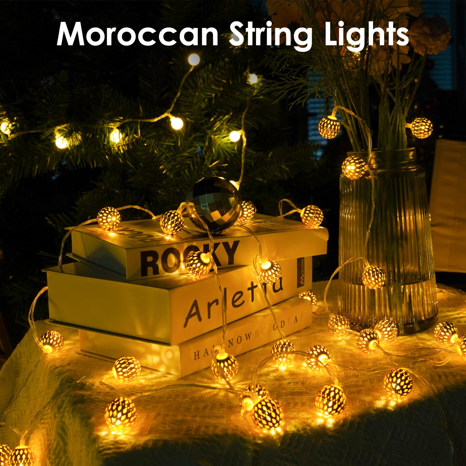 LORRYTE Moroccan Globe Fairy Lights, 60 LED 36 FT, Battery Operated, Warm White, Outdoor String Lights for Christmas, Party, Garden Decor