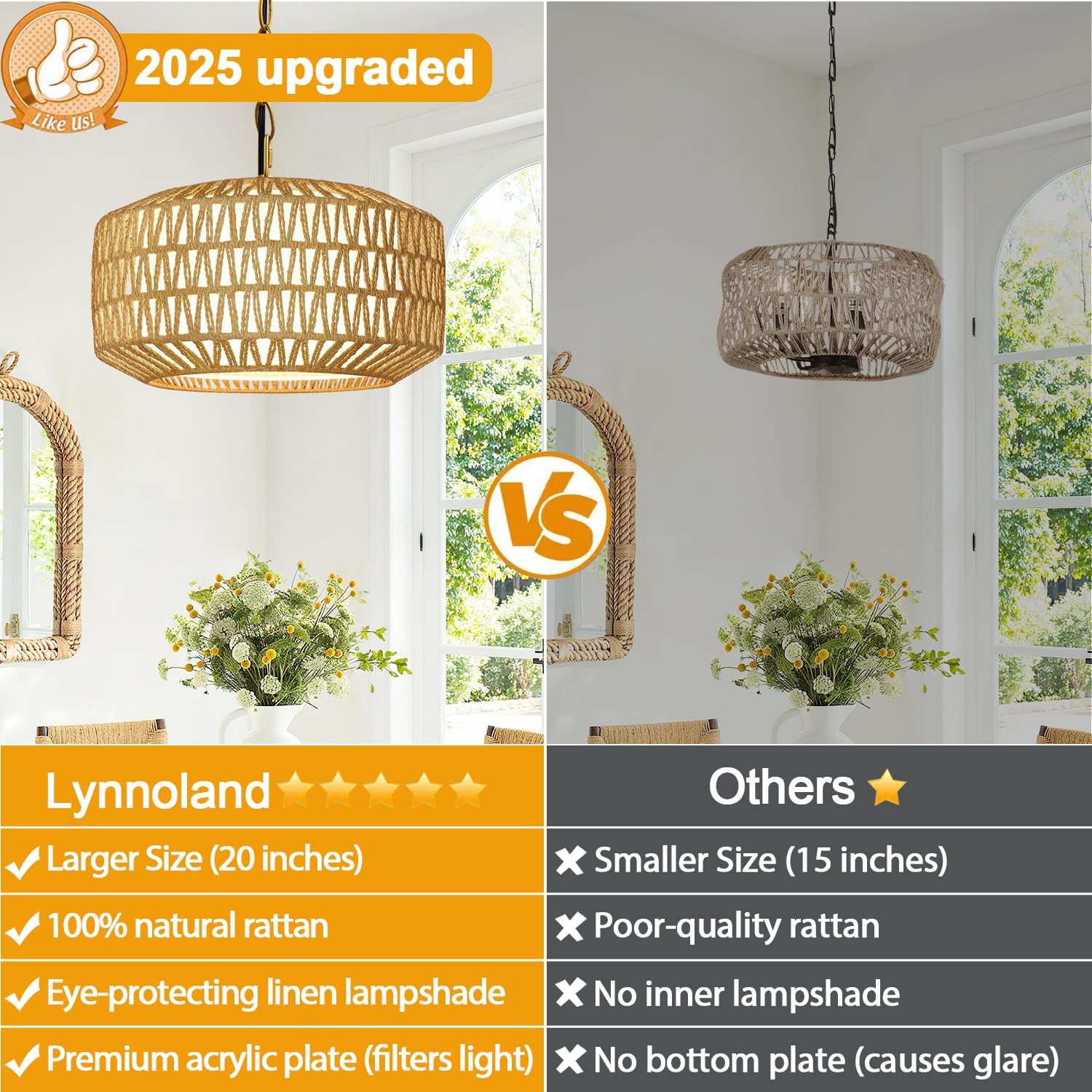 Lynnoland 19" Hand-Woven Rattan Chandelier Light Fixture, 5-Light Rustic Pendant, Gold, for Dining Room, Kitchen, Bedroom, Foyer