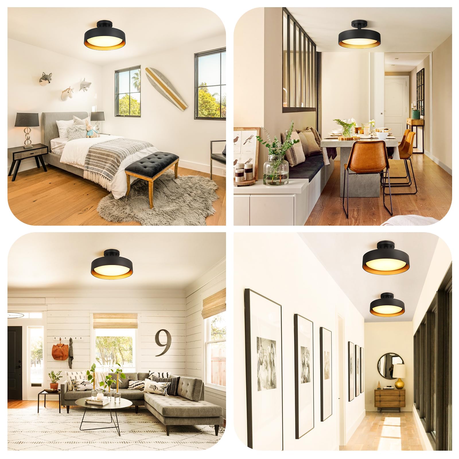 Sunrider Semi Flush Mount Led Ceiling Light Fixture, 12-Inch 25W 2000Lm Black Pendant Lamp For Entrance Attic, Gold Inside, 3000