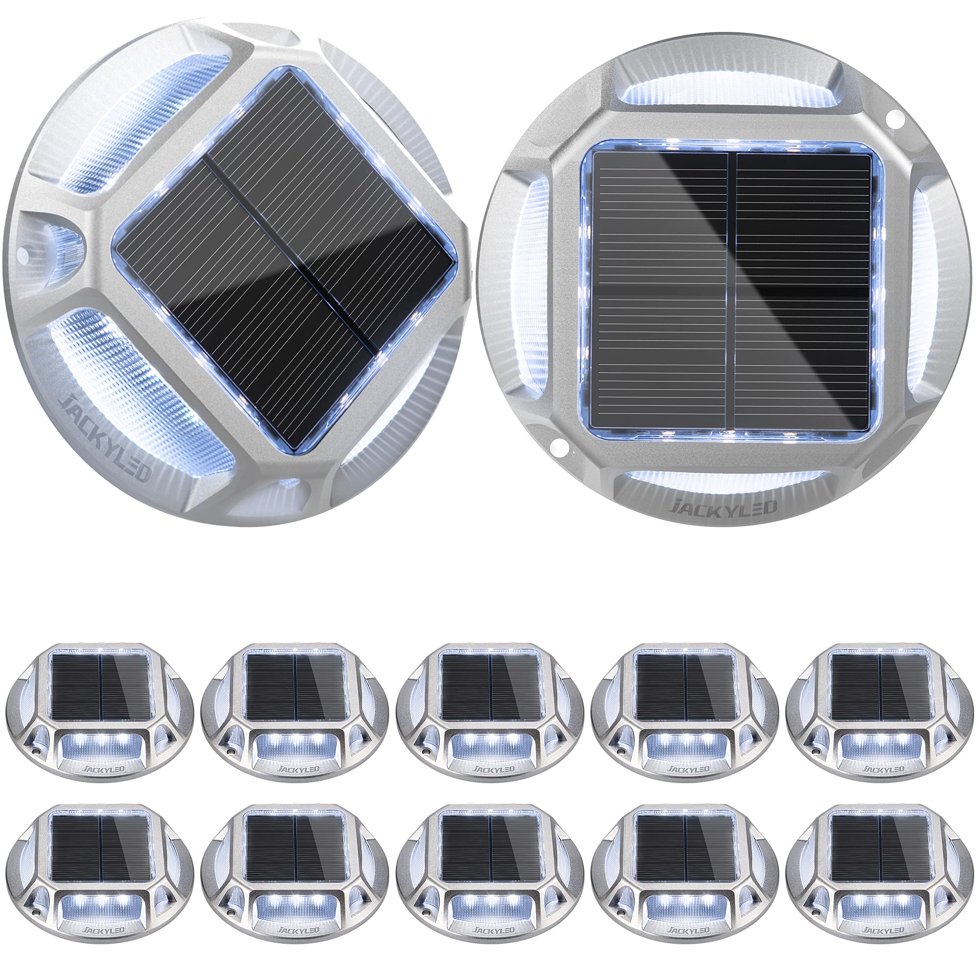 JACKYLED Solar Driveway Marker Lights, 12-Pack, IP68 Waterproof, Aluminum, Cool White, Model JK221042006-VC