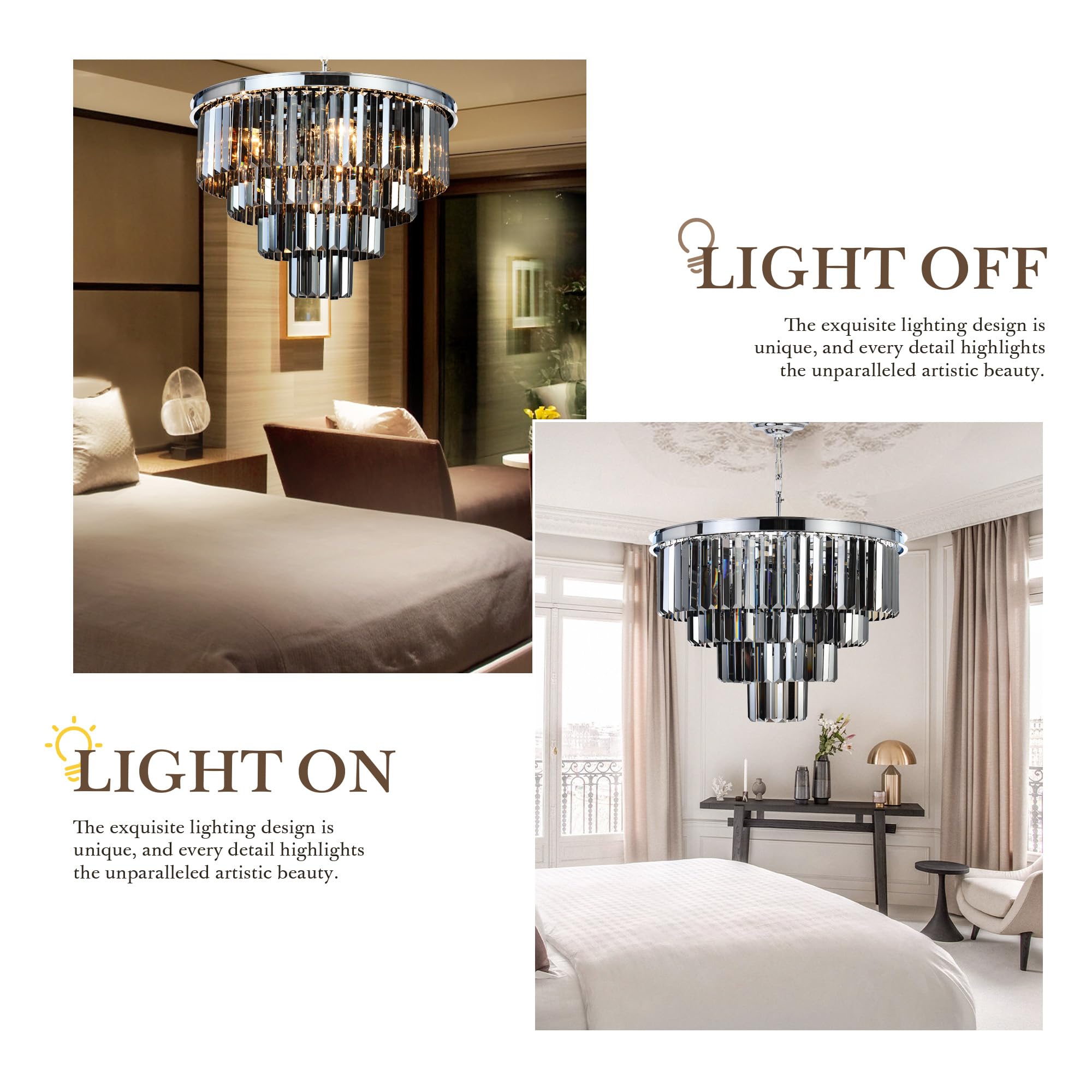 Meelighting Luxury Chrome Smoke Crystal Modern Contemporary Chandeliers Pendant Ceiling Light 4-Tier Chandelier Lighting For Dining Room Living Room Bedroom Girls Room W23.6