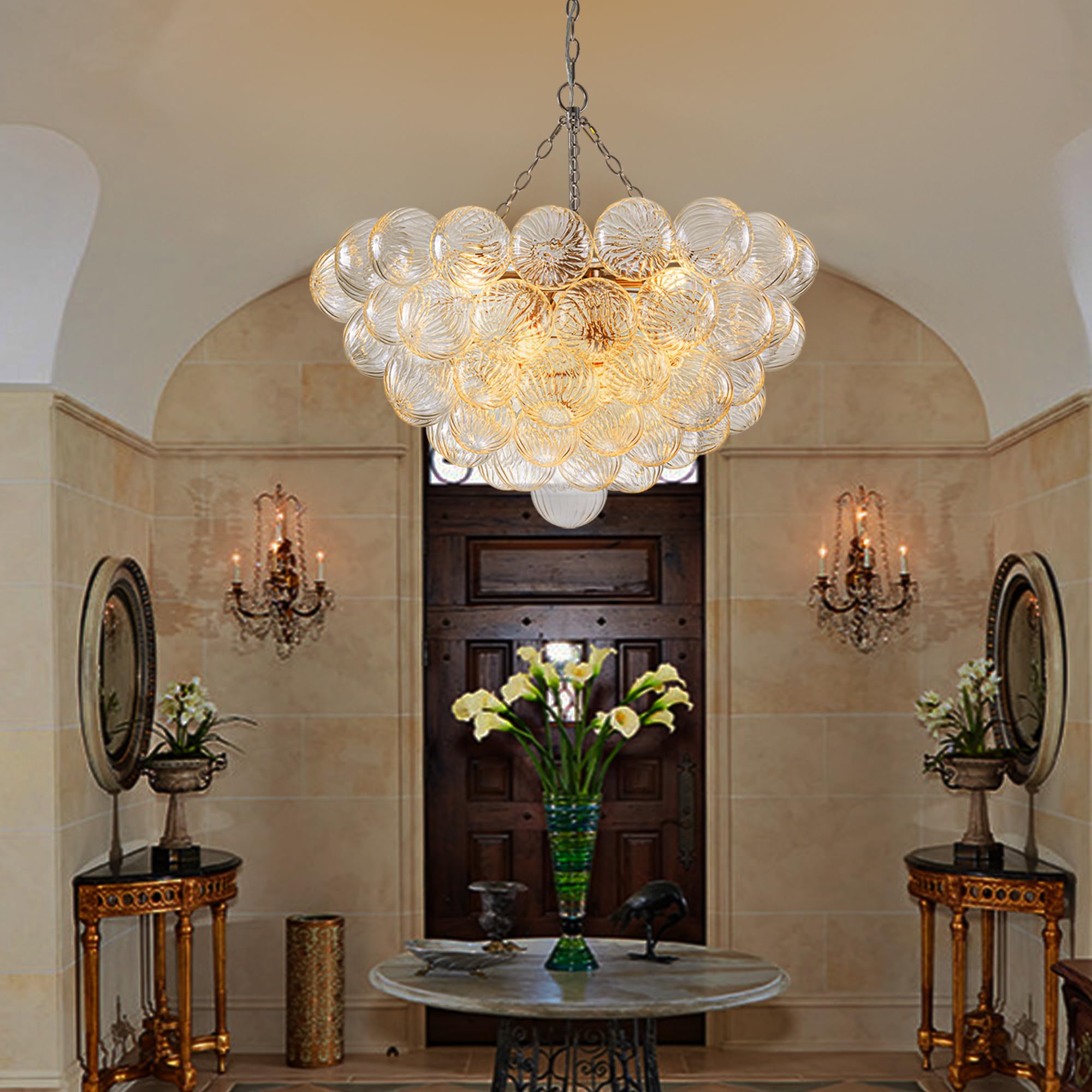 Beypan Bubble Ball Glass Chandelier Brushed Nickle 32'' Dia Clear Swirled Globe Pendant Light Fixture For Dining Room Table Rest