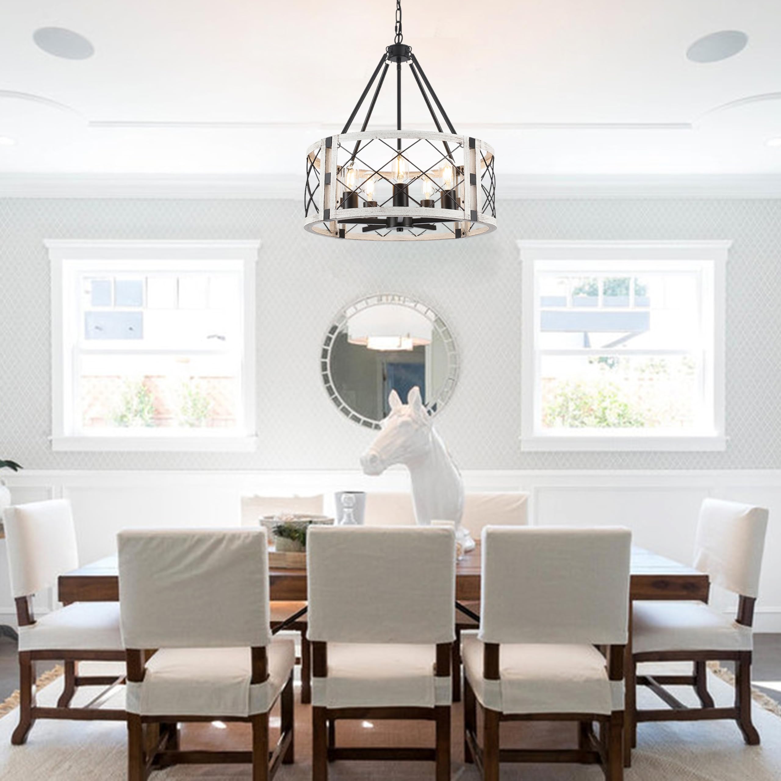 Corlaceling Rustic Farmhouse Chandelier, 5-Light White Pendant Lighting, 19.8 inch for Dining Room, Kitchen Island, Entryway