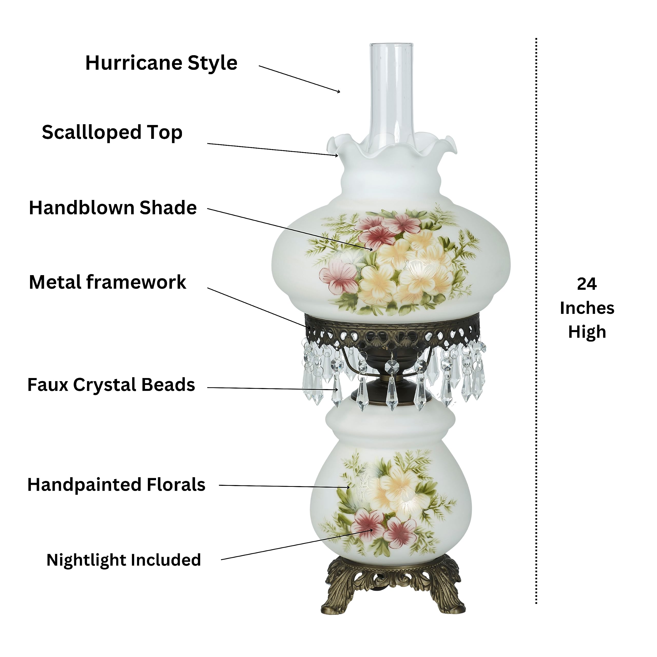 Touch Of Class Abigail Hurricane Style Parlor Table Lamp - Antique Victorian Aesthetic - Painted By Hand - Floral Designs - Vint