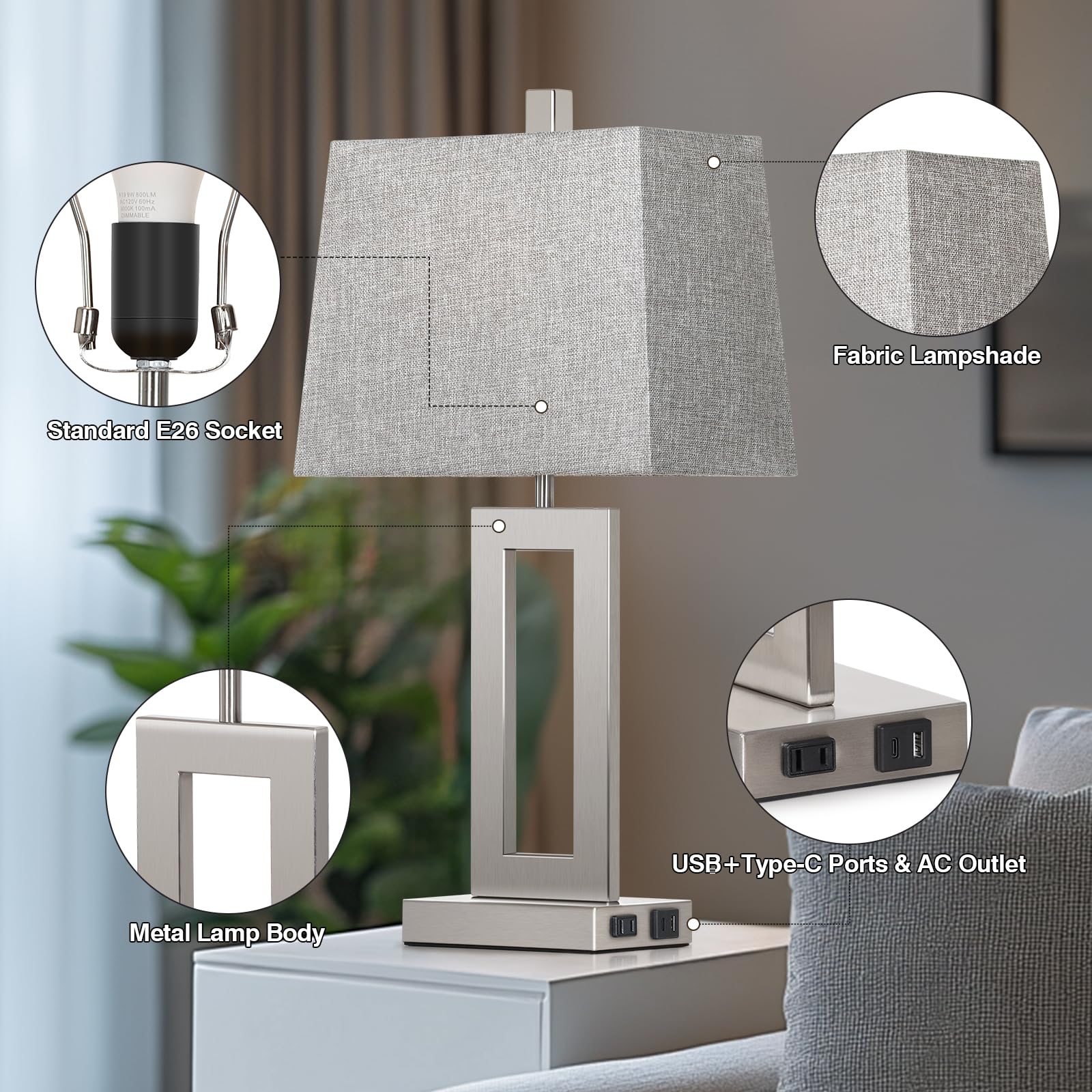 Cinkeda Touch Control Table Lamp Set of 2, Modern Gray Lamps with USB C+A Ports, 3-Way Dimmable, Model TD-CK