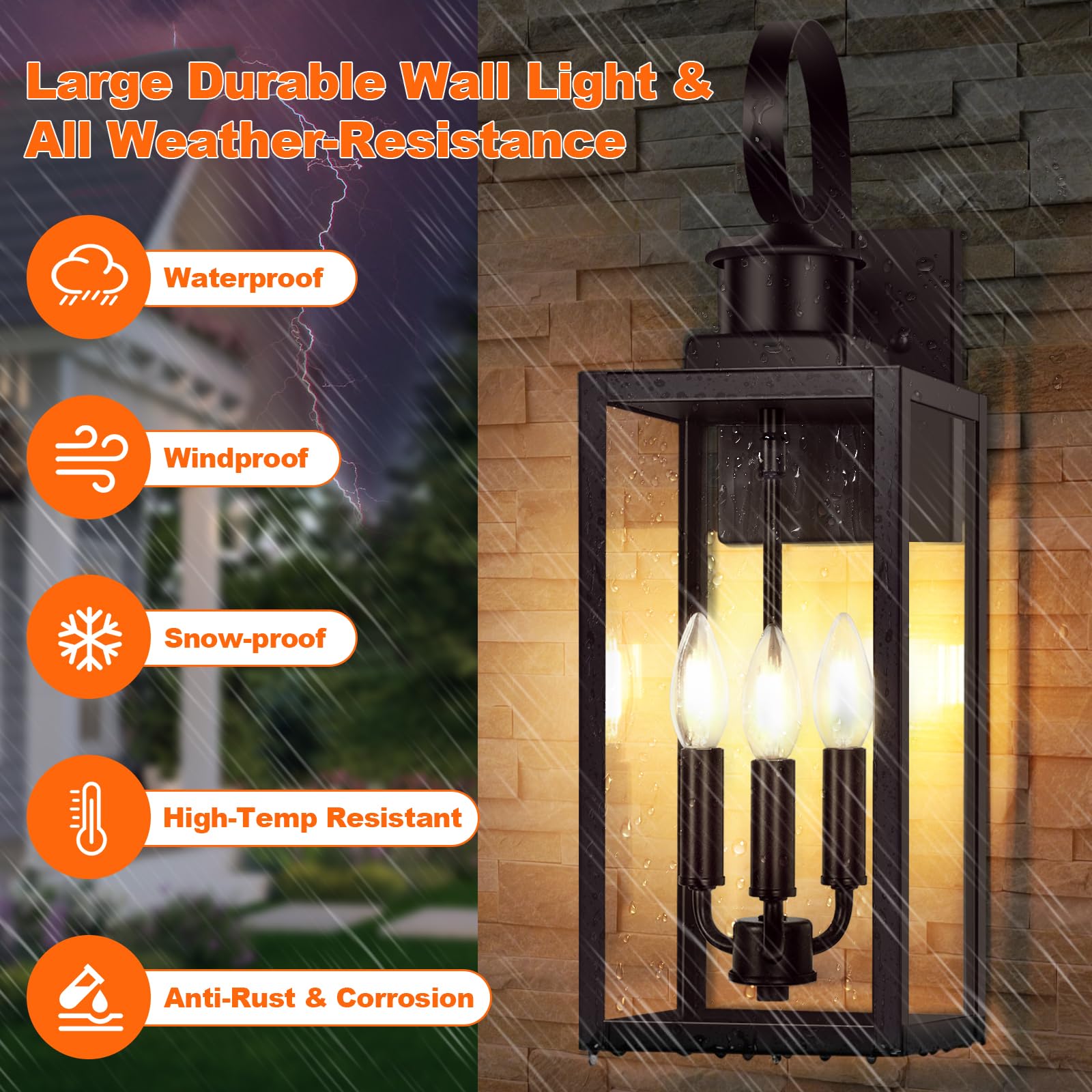19'' Large Outdoor Wall Lights, 3-Light Brown Waterproof Exterior Wall Light Fixtures With Clear Glass Shades, Farmhouse Outdoor