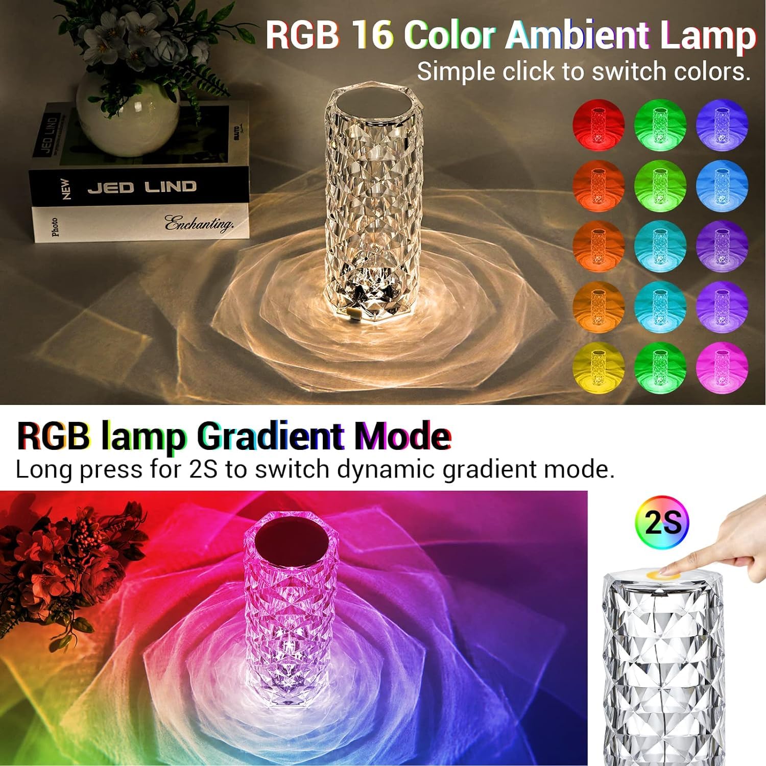 REFULGIX Crystal Lamp,16 Color Changing Rose Crystal Diamond LED Table Lamp,Usb Rechargeable Touch Bedside Lamp Night Light With