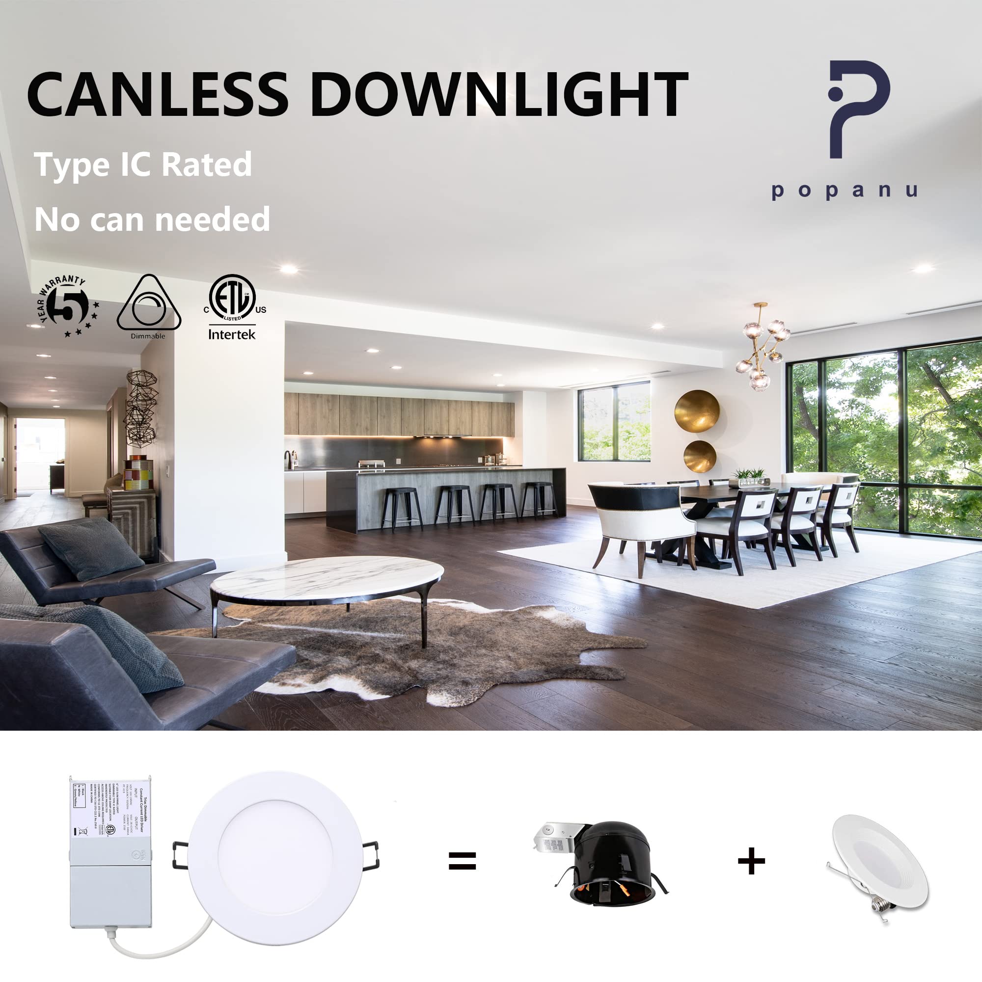 Popanu Led-Canless Downlight Recessed Lighting 4-Inch 5 Cct Adjustable Dimmable Recessed Lights Fixture With Junction Box, Ceill