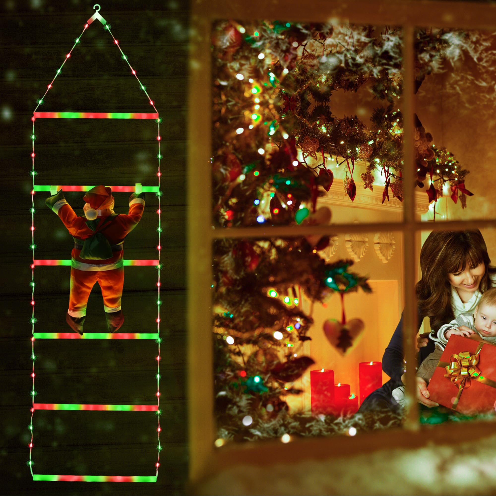 Toodour Led Christmas Light - 2.5Ft Christmas Decorative Ladder Lights With Santa Claus, Christmas Decorations Lights For Indoor Outdoor, Window, Garden, Home, Wall, Xmas Tree Decor- Red & Green