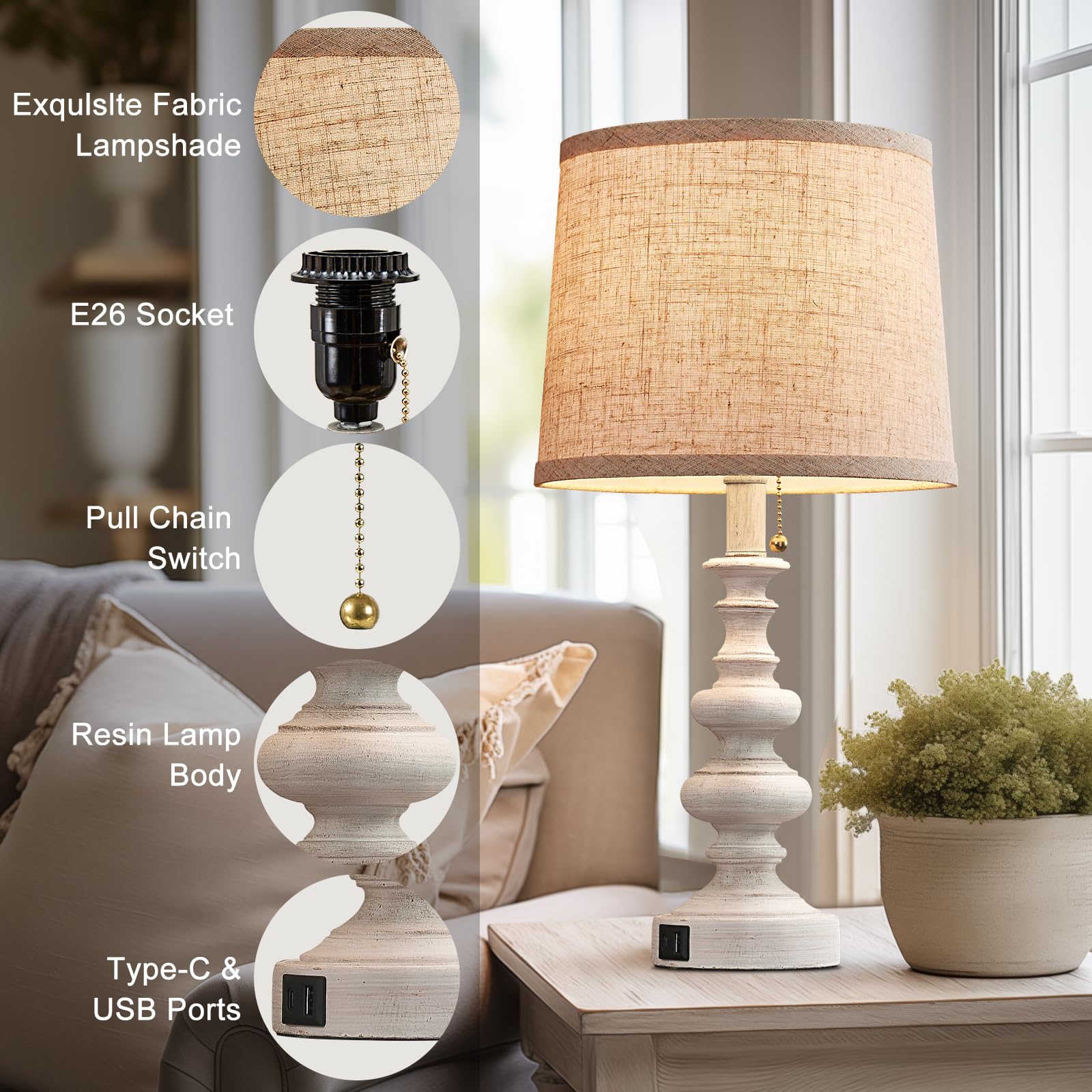 Bowobo 21'' Farmhouse Table Lamps For Bedroom Set Of 2 Rustic Bedside Lamps For Nightstand With Usb A+C Ports White Side Table L