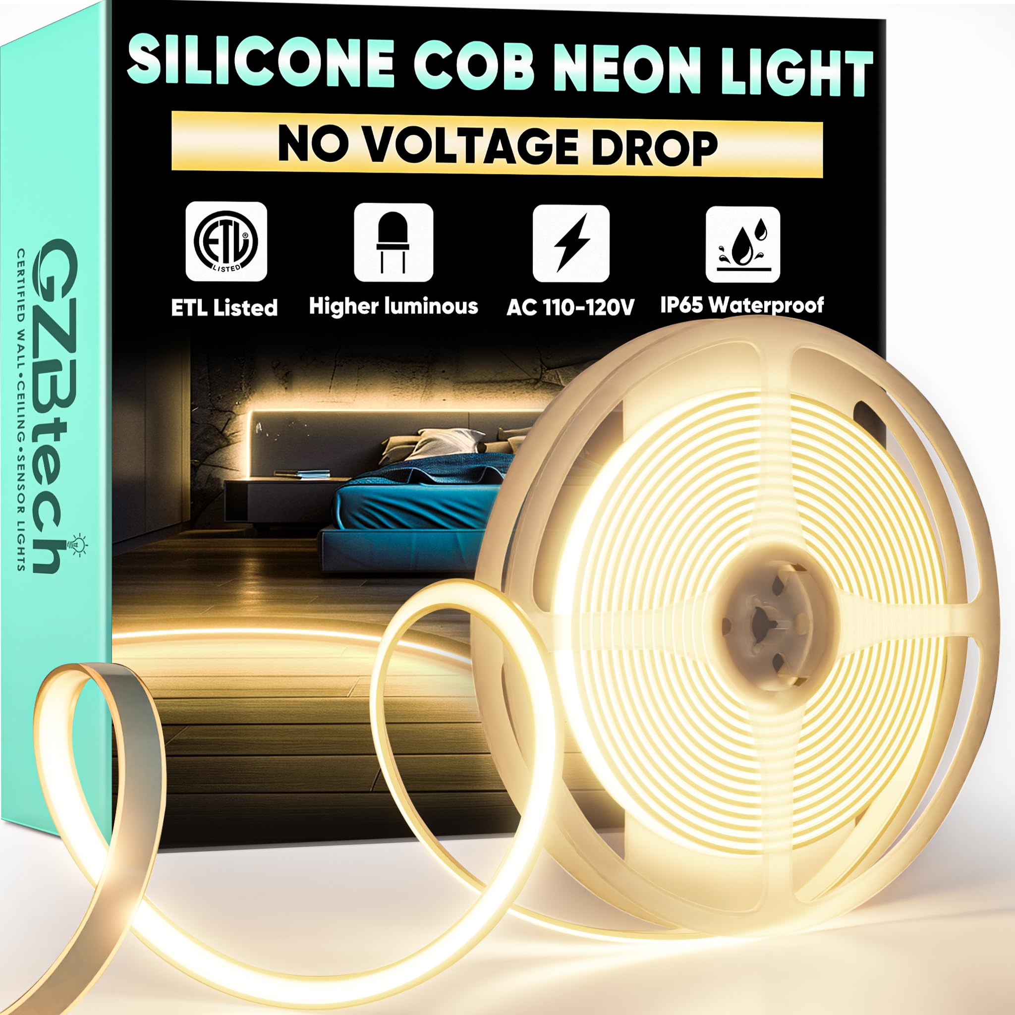 GZBtech Neon Rope Lights, 16.4FT Warm White Silicone, Flexible Waterproof Strip Light, Model CB-COBNEON-WW-5M