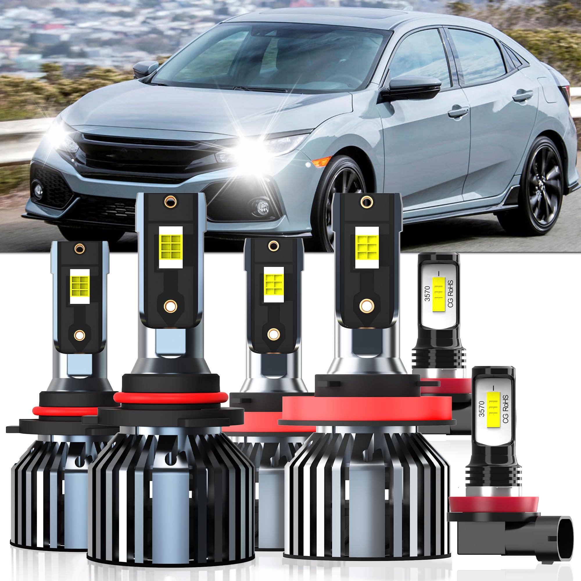 XG Glitter Lights Fit For Honda Civic 2014-2015 Coupe & 2016-2020, 9005 High Beam H11 Low Beam H11 Fog Light Bulbs, High Power 6