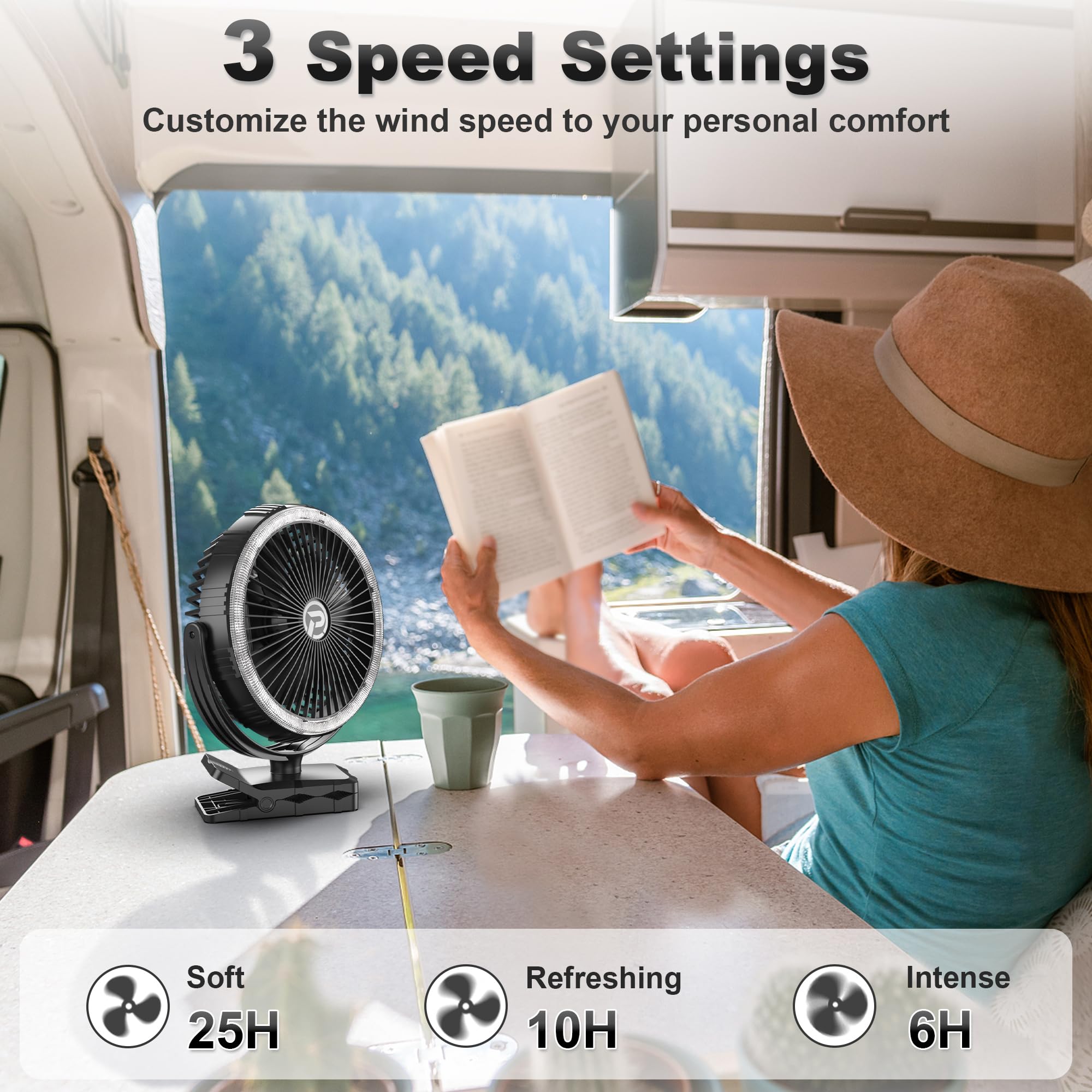 8-Inch Portable Camping Fan with Light, 10000mAh Rechargeable Battery Operated, 3 Speeds Cordless Clip on Table Fan with Hook &