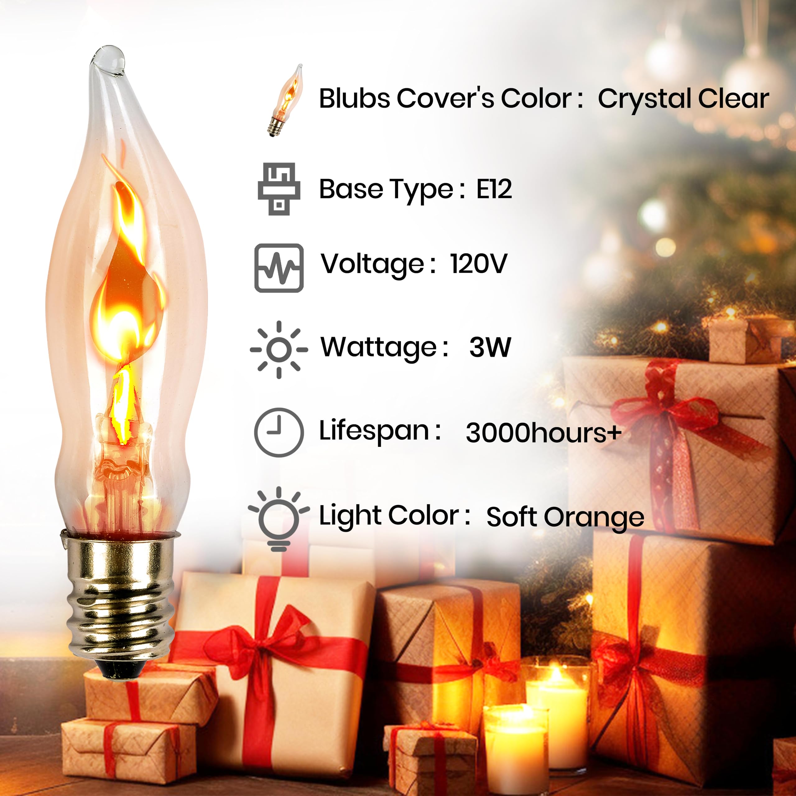 Ohlgt Flicker Flame Light Bulb For Hallowwen Christmas Decorative 3 Watt, 120V, E12 Flame Candelabra Light Bulbs(4 Packs)