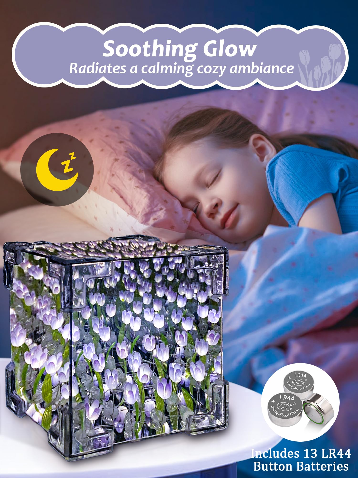 AQDZCNF DIY Tulips Night Light - Handmade Glass Lamp, Purple, Includes 13 LR44 Batteries, Ideal for Bedroom Decor and Gifts