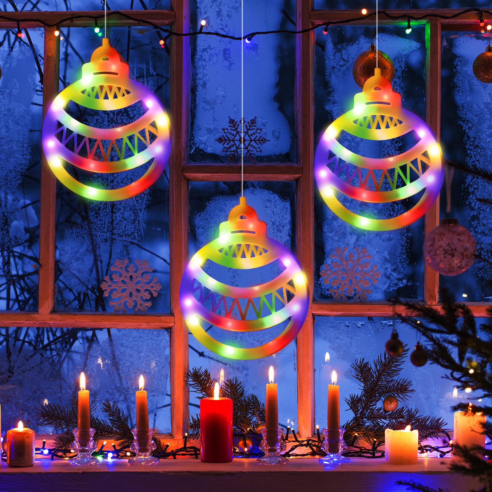 Gejoy Christmas Ball Window Lights - 6 Pcs Battery Powered Silhouette with Timer - Multicolor - Indoor/Outdoor Decor - Model GJ-Gejoy-890