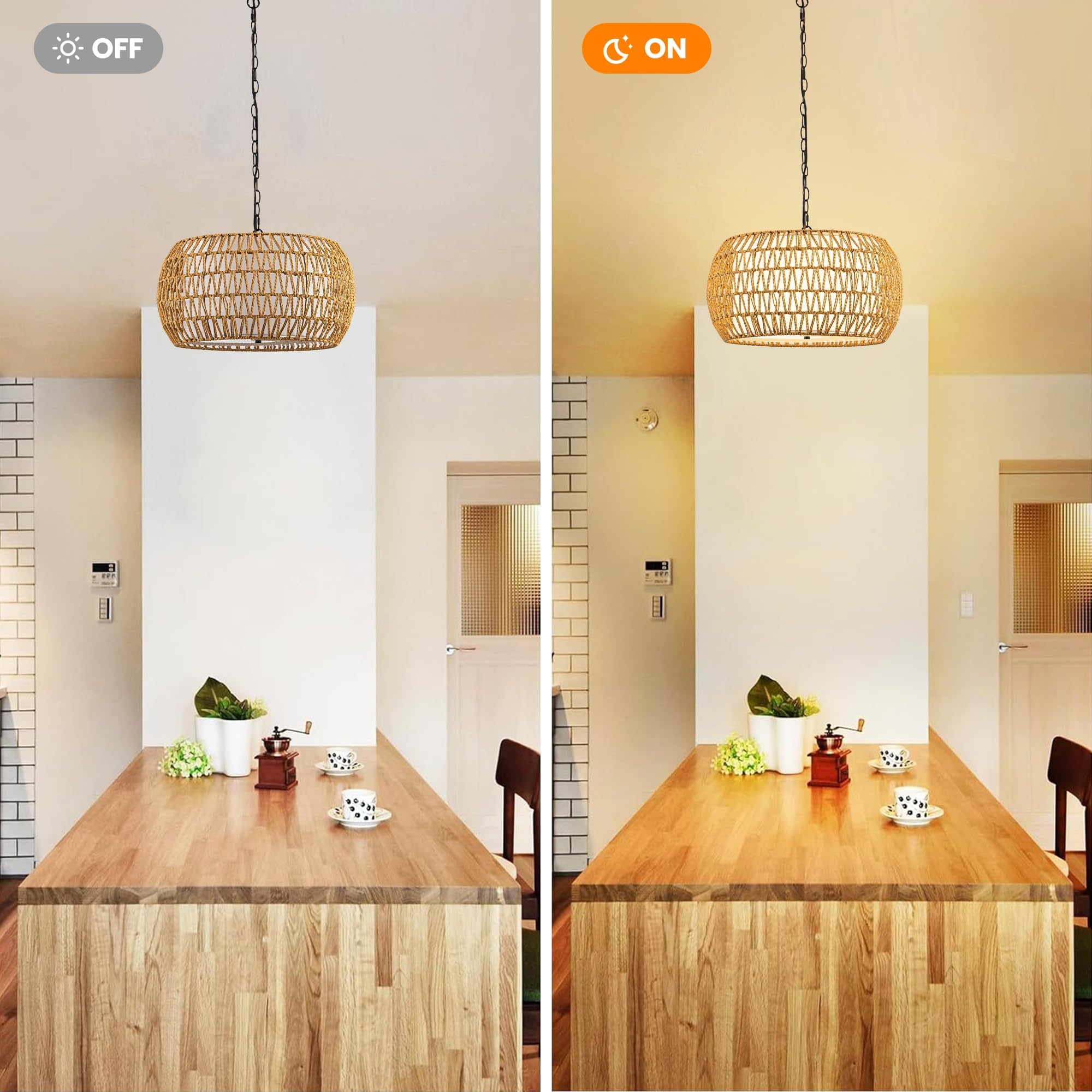 18.1'' Boho Rattan Chandelier - 5-Light Handwoven Farmhouse Pendant Light For Kitchen Island, Dining Room, Living Room With Fabr