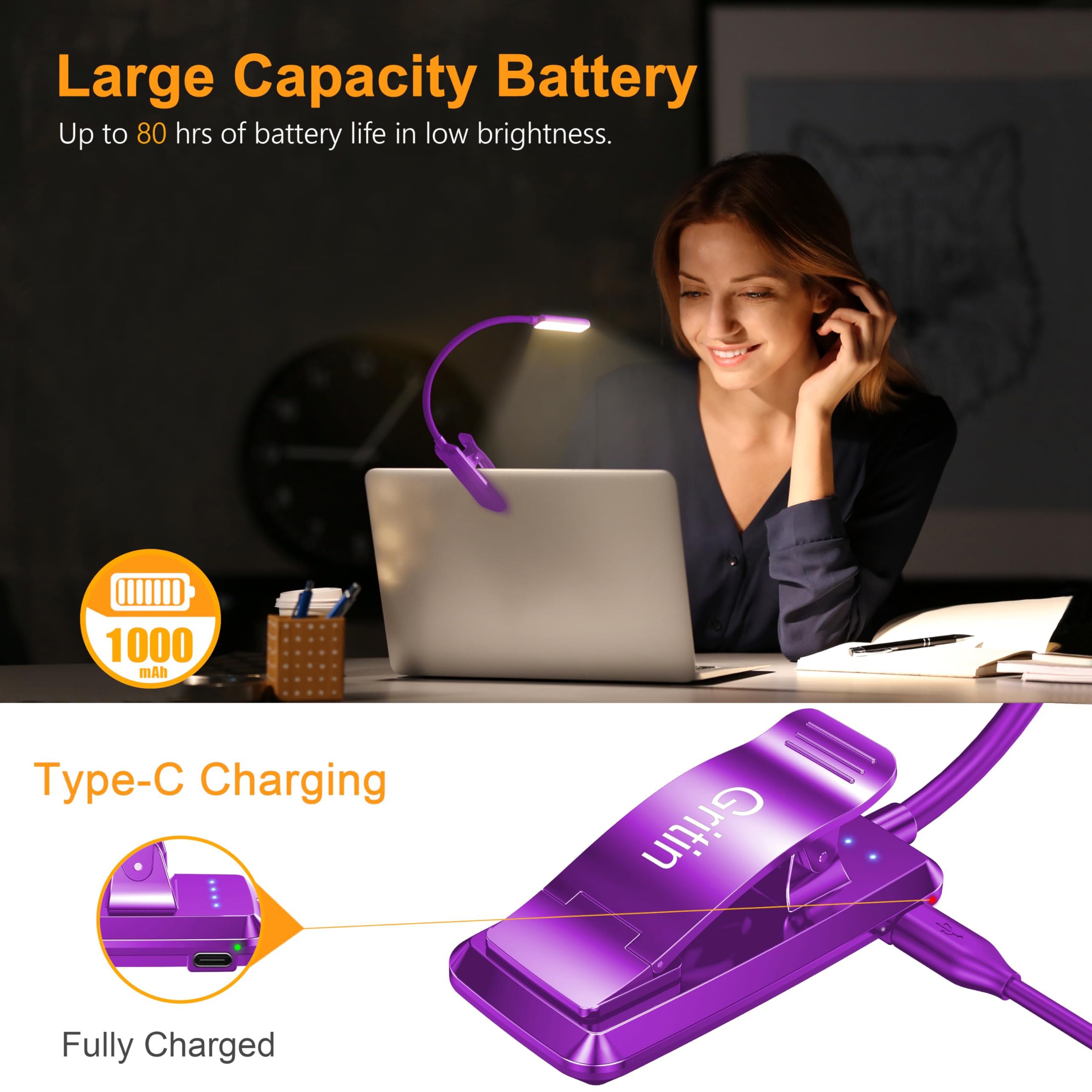 Gritin 9 LED Rechargeable Book Light - Eye Caring, 3 Color Temperatures, Stepless Dimming, Compact Size, Dark Purple, Model G1330