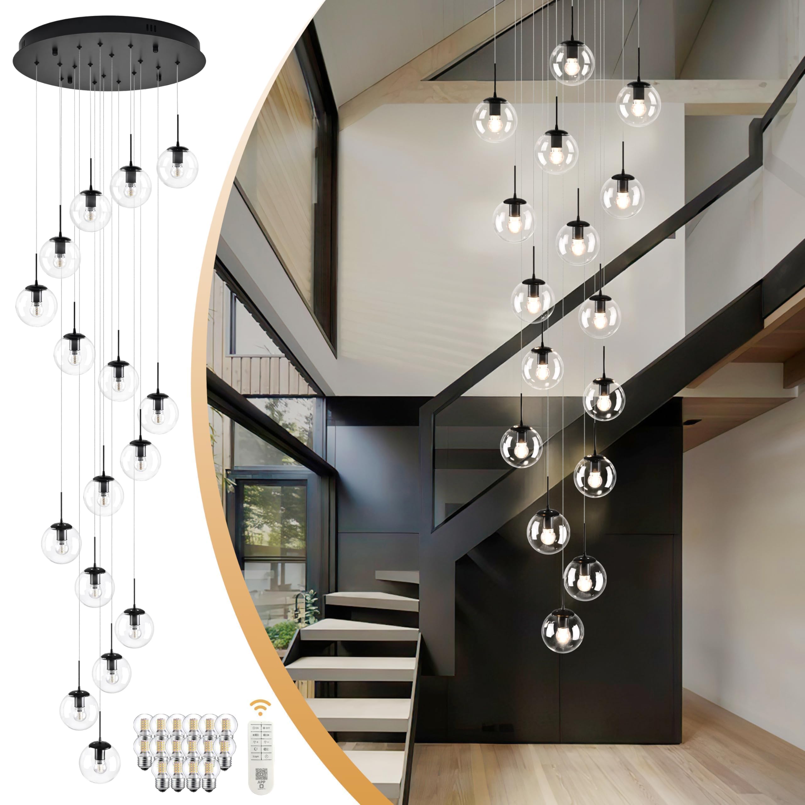 Koko&Yukina 16-Light Black Mid Century Modern Chandelier For Living Room Staircase Chandelier For Entryway Clear Globe Glass Cha