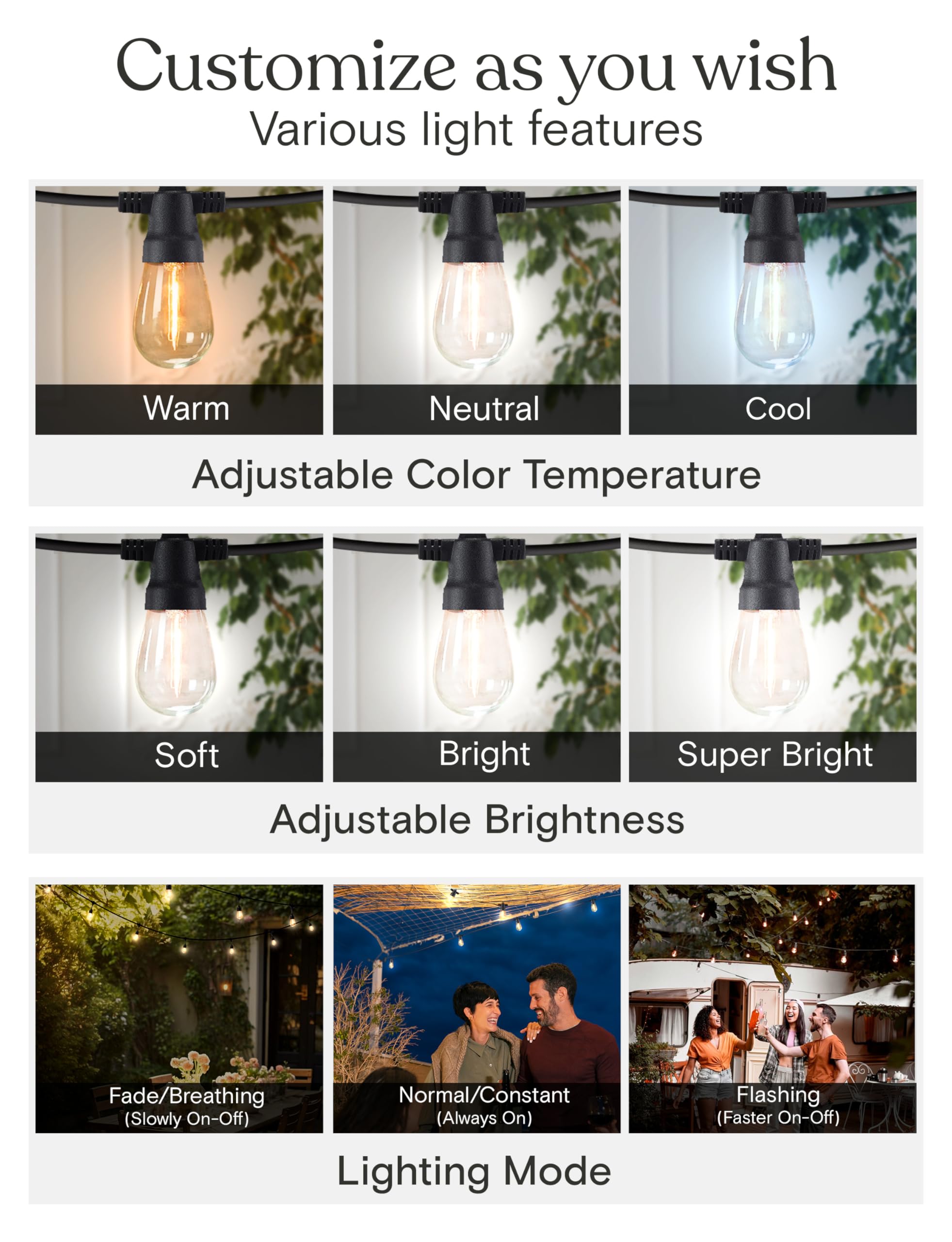 Brightech Ambience Pro Solar LED String Lights - 104ft, Waterproof, 48 Bulbs, Color Changing White, Remote Control, Model: SLR7W-104NH-48B