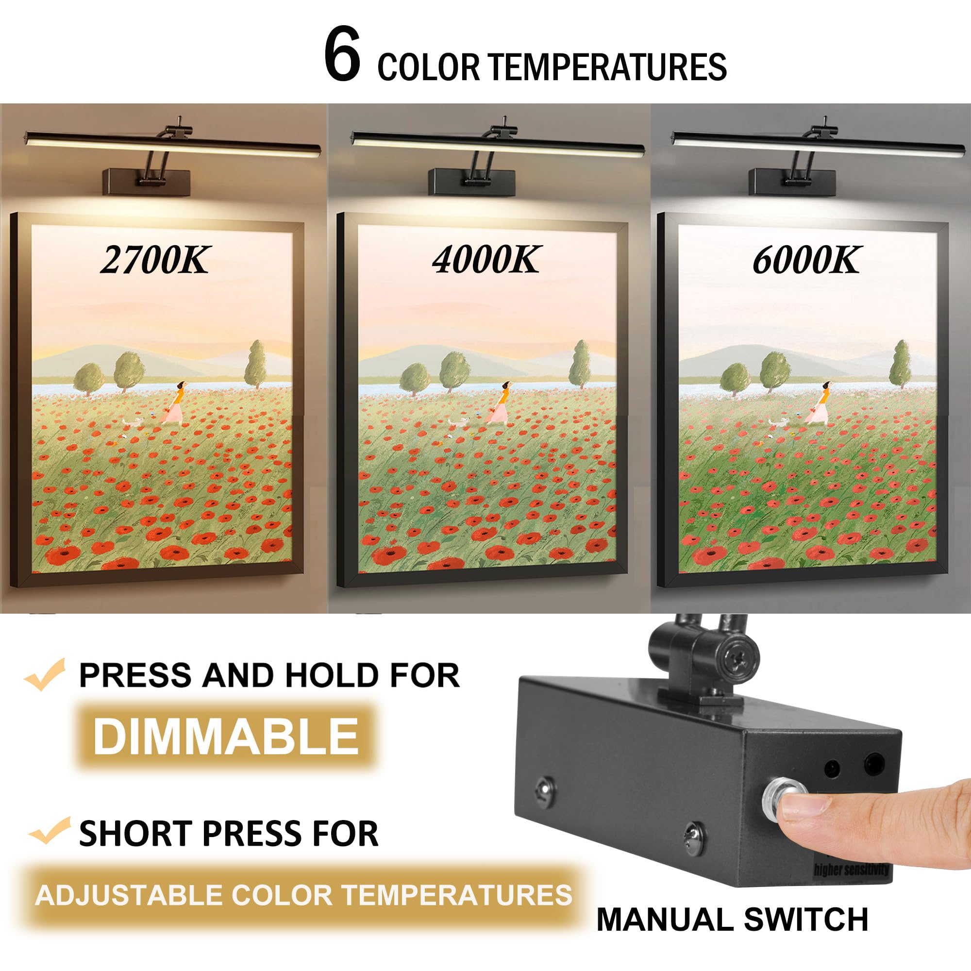 Yuichoy 2 Pack 16" Wireless Picture Lights, Dimmable Art Lighting, Remote Control, Black