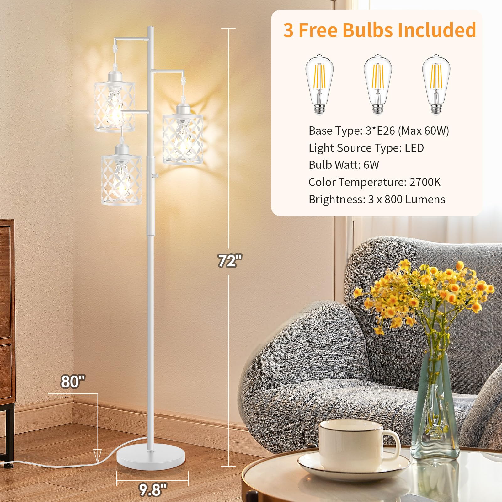 ?Upgraded?72'' Tall Dimmable Floor Lamp, Modern Standing Lamp With Elegant Metal Cages, Industrial Tree Floor Lamps For Living R
