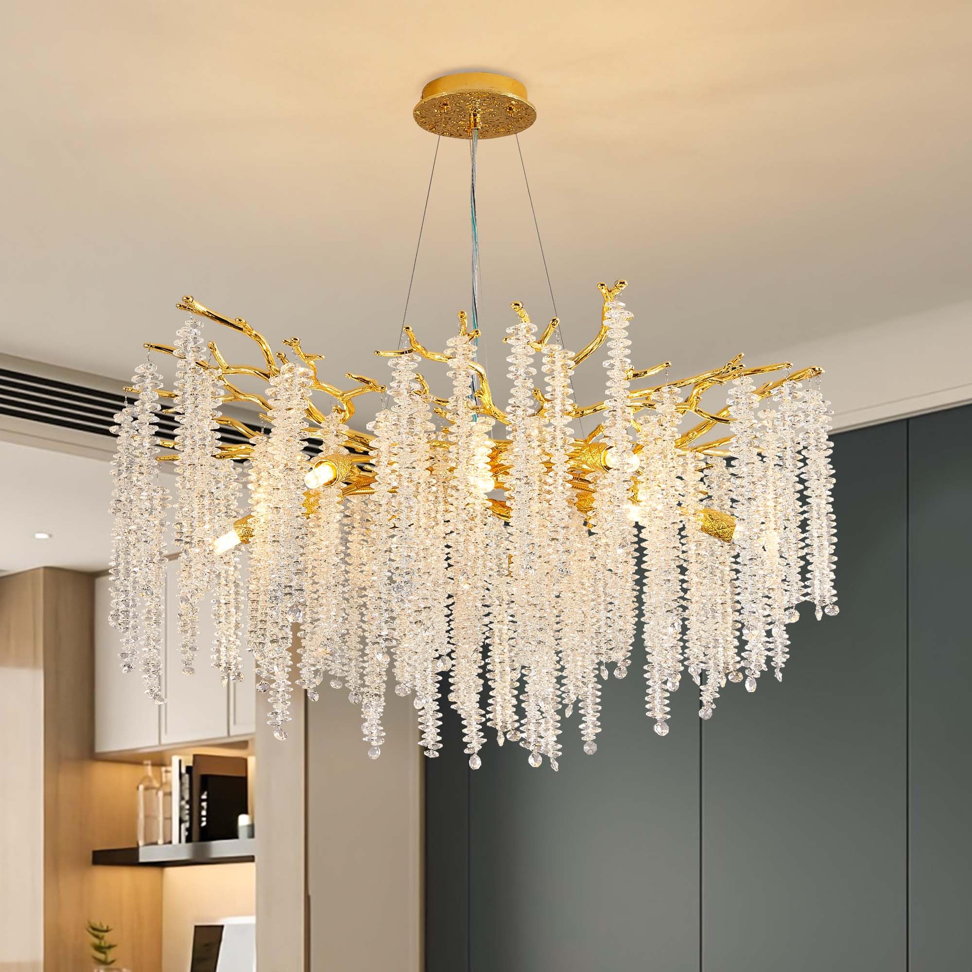 Upfelw Modern Crystal Tree Branch Chandelier, Gold Round Art Deco Raindrop Lighting Fixture for Dining Room Bedroom Living Room 