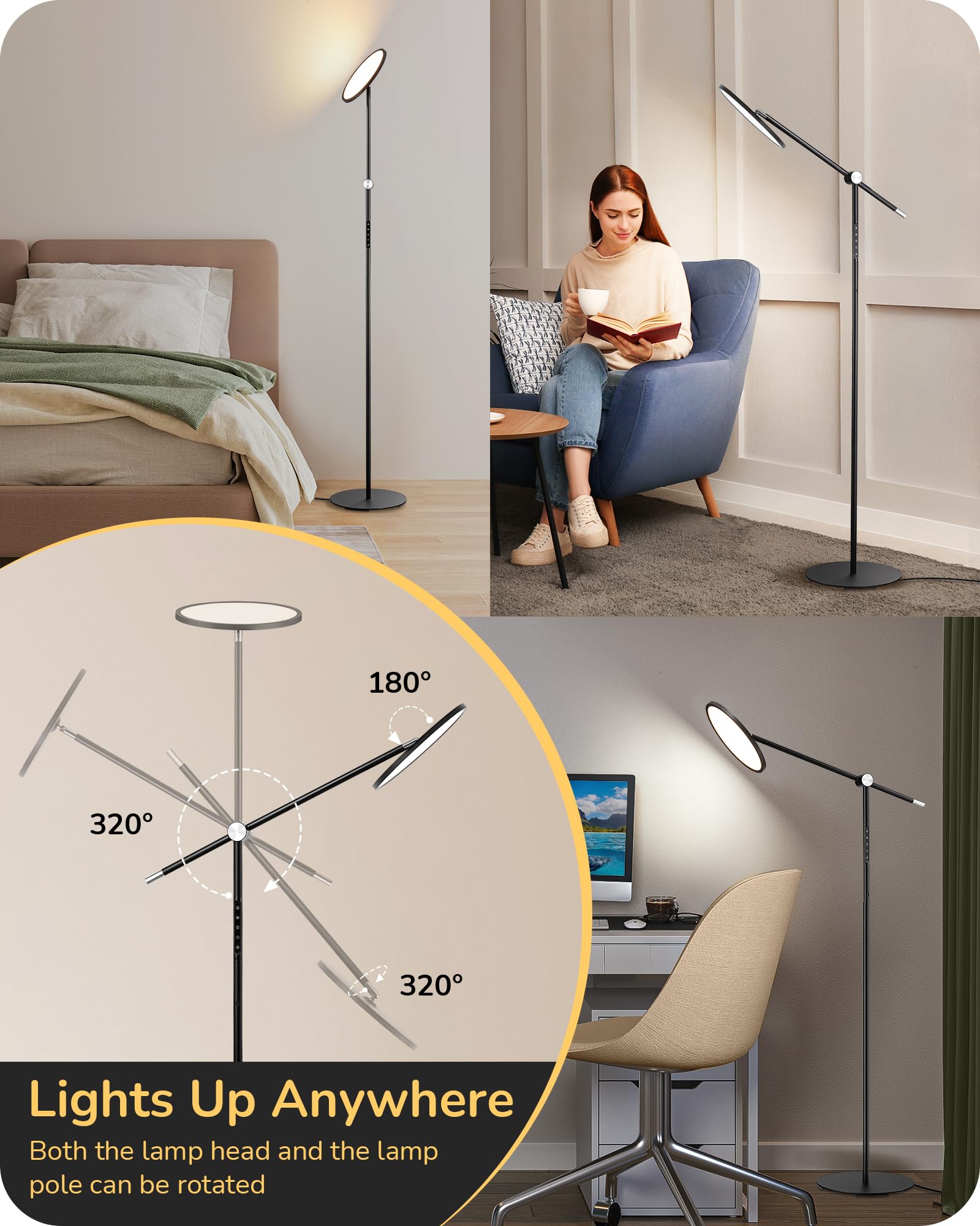 EDISHINE LED Floor Lamp, 1600LM Dimmable, Type-C Port, Rotating Arm, Modern Minimalist, Black, Model HFLAA2A