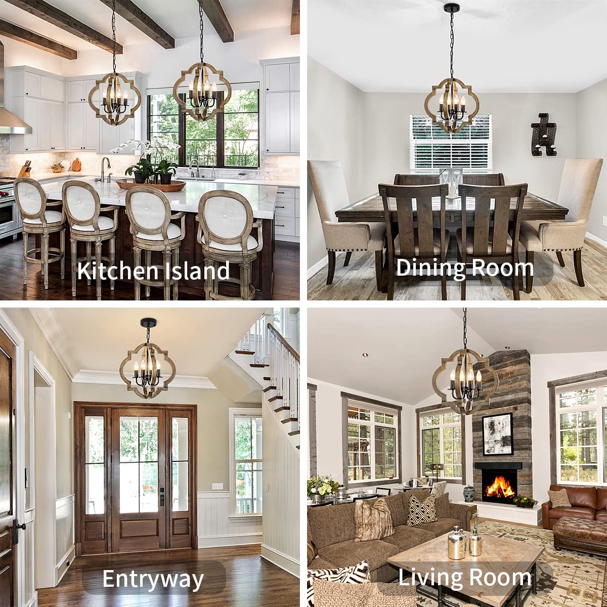 TOULMJ Farmhouse Orb Chandelier - 4-Light Rustic Wood Pendant Light, 15.74'' for Dining Room, Kitchen, Hallway, UL-Listed