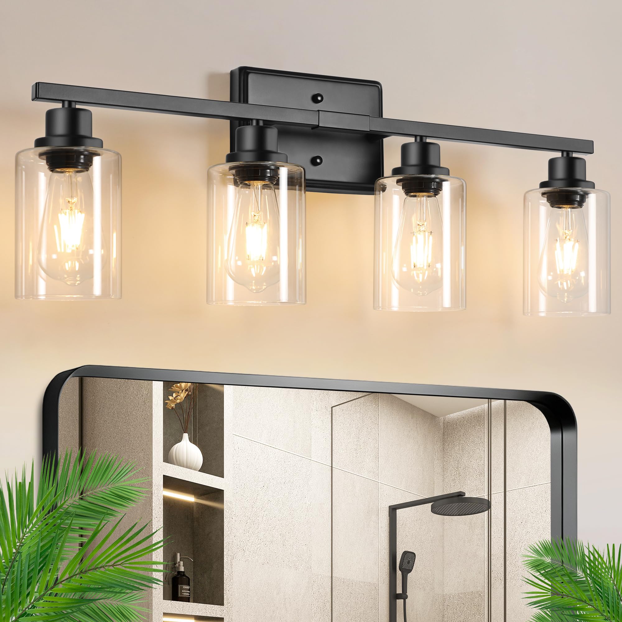 Ascher Bathroom Light Fixtures  4-Light Vanity Lights with Clear Glass Shade  Modern Black Finish Wall Light for Mirror Bedroom Hallway Cabinet Porch