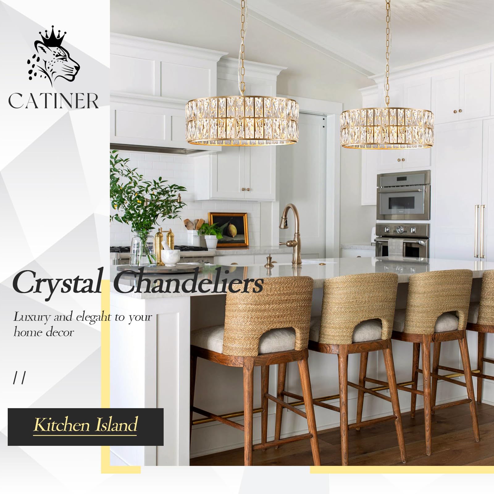 CATINER Modern Crystal Chandelier, 18" Large Gold Semi Flush Mount, Elegant Lighting for Dining Room, Foyer, Bedroom, Model C80