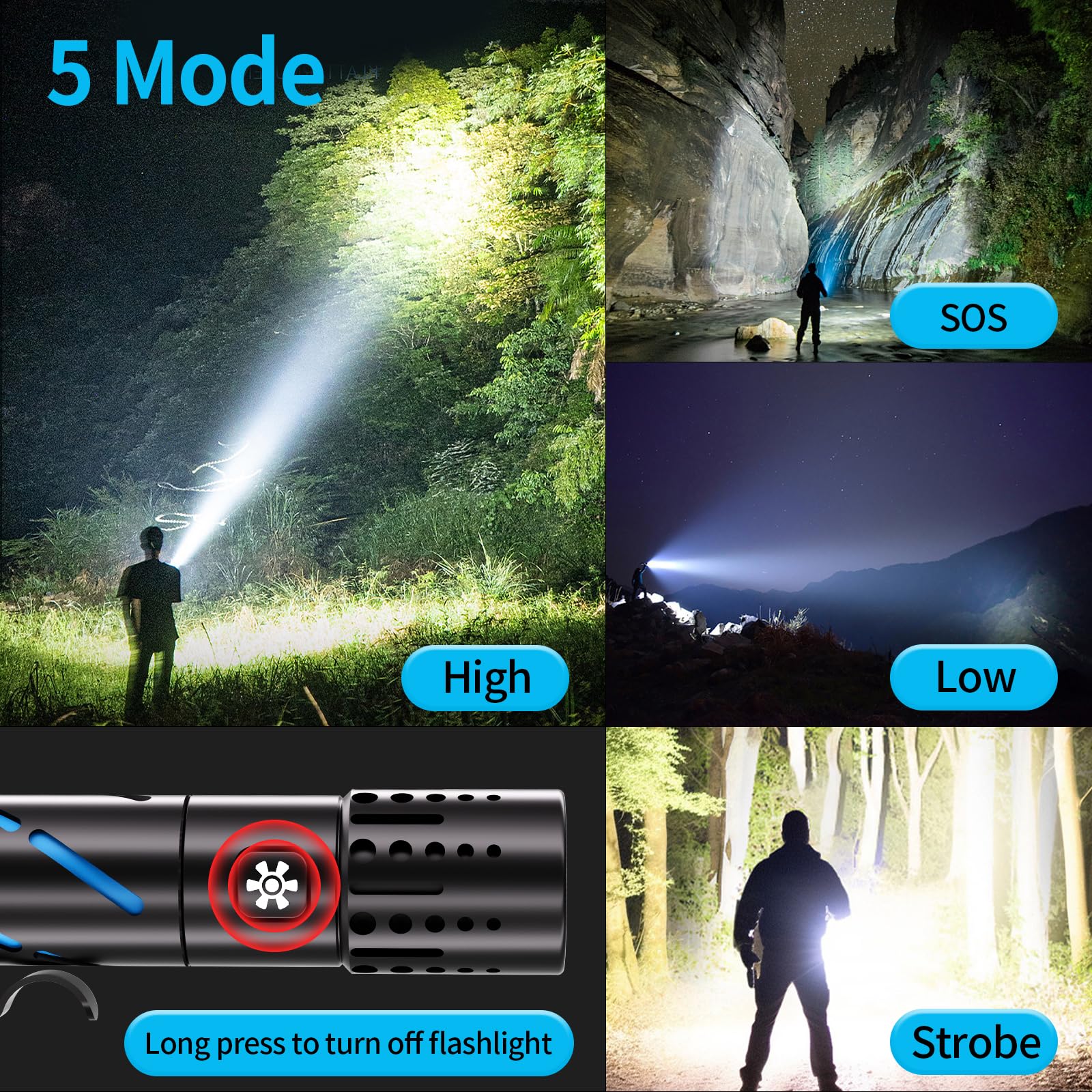 Rechargeable Flashlight with Long Beam and Belt Clip Small Flashlight with 5 Modes Zoomable Waterproof Adjustable Brightness Hig